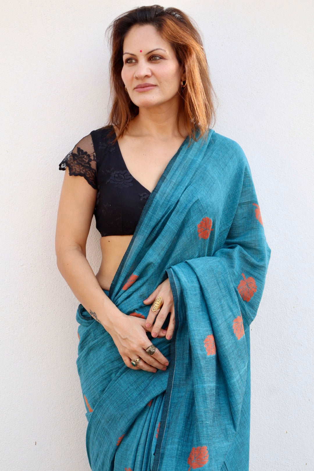 Sea Blue Pure Handloom Cotton Jamdani Saree with Handloom Mark Card
