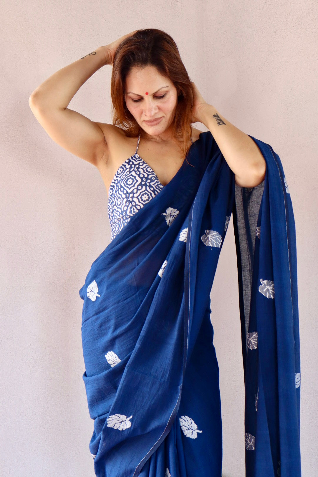 Ink Blue Pure Handloom Cotton Jamdani Saree with Handloom Mark Card