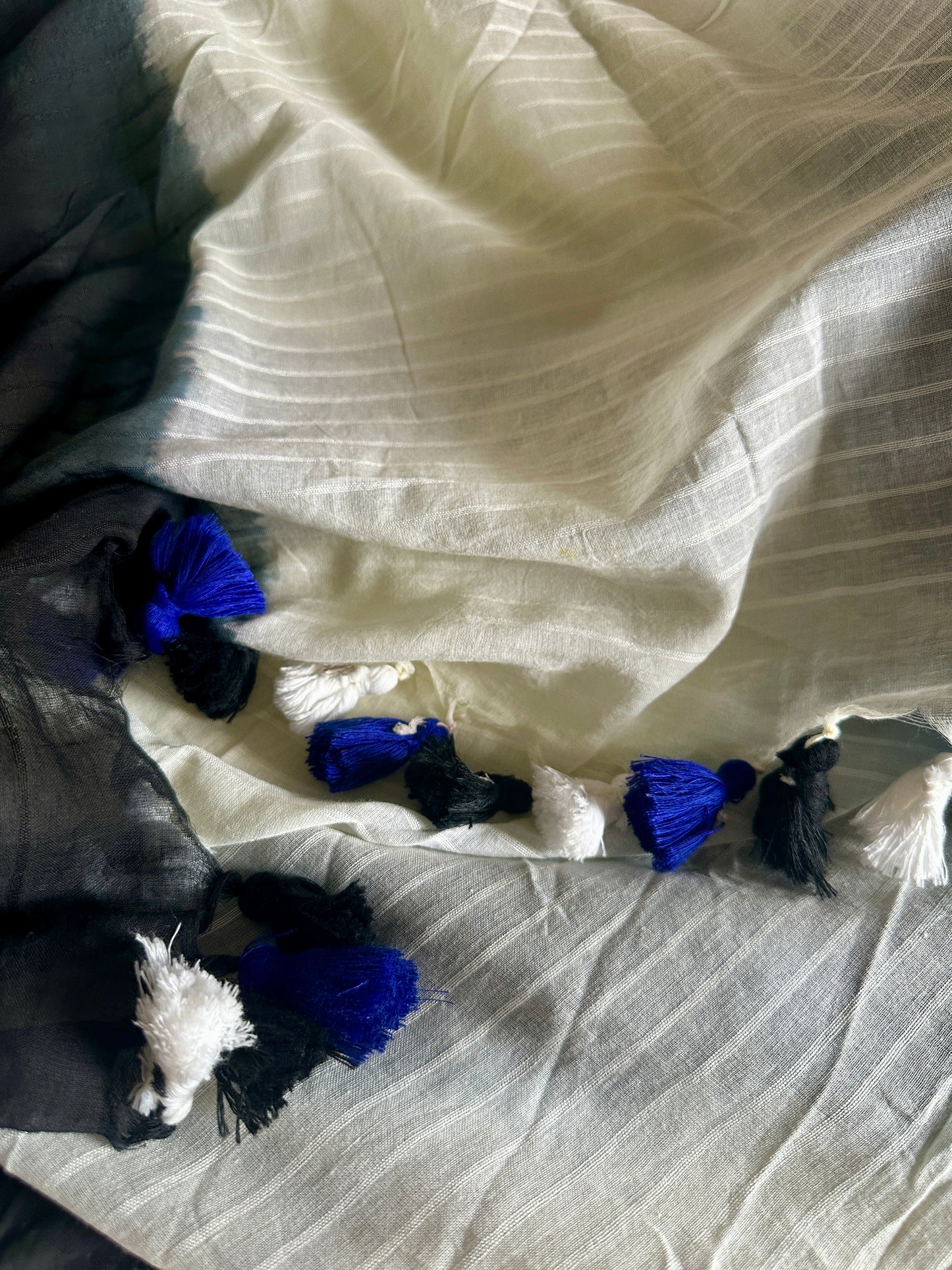 Black, Cream, and Blue Hand Dyed Tie & Dye Pure Mul Mul Cotton Saree with Self Body Checks