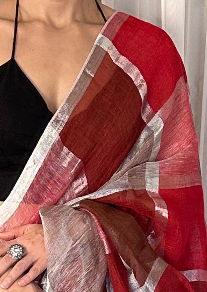 Maroon, Red, & White Handloom Pure Linen Checks Sari