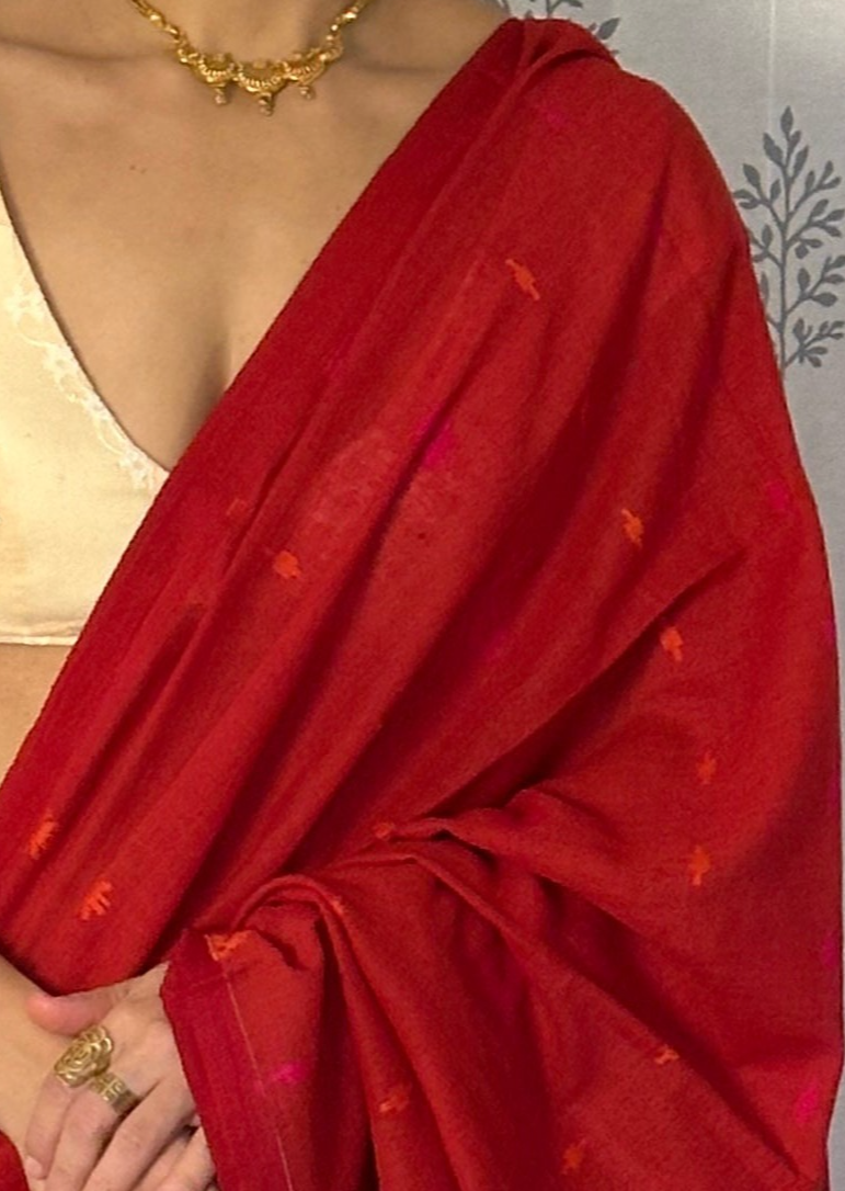 Red Handloom Pure Soft Cotton Jamdani Sari with Woven Flowers