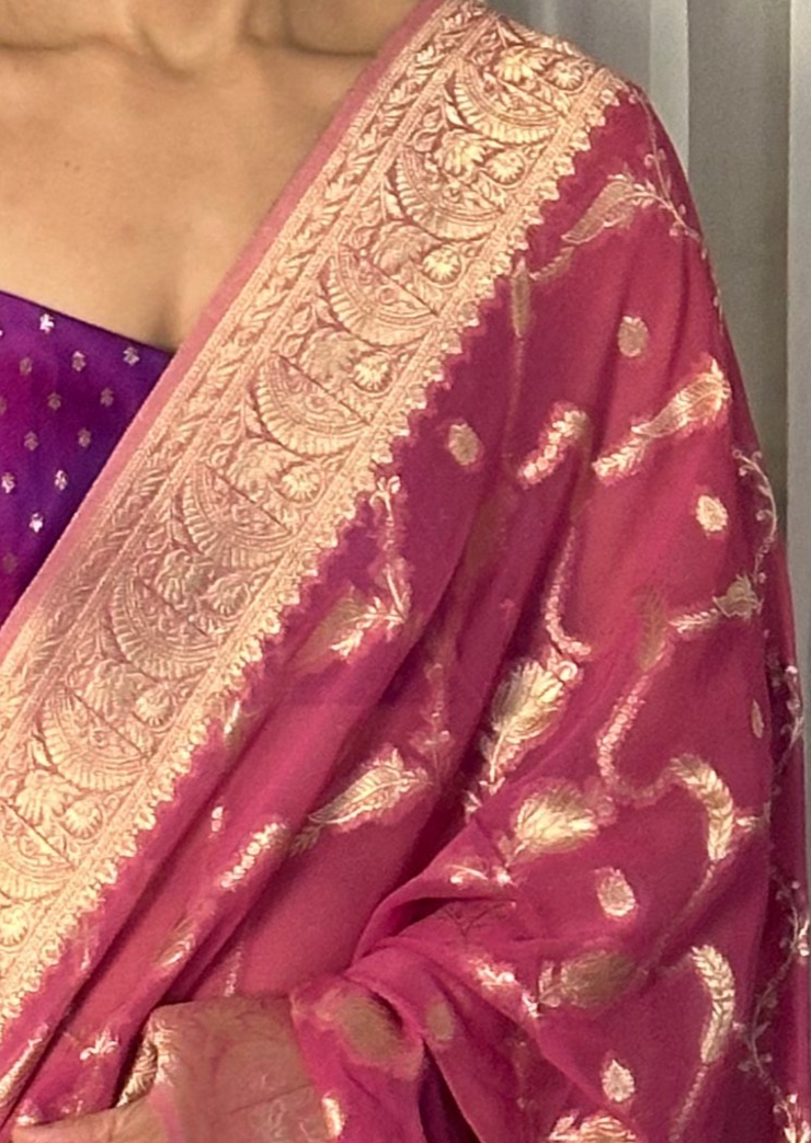 Pink Pure Viscose Georgette Banarasi Sari with Gold Banarasi Work