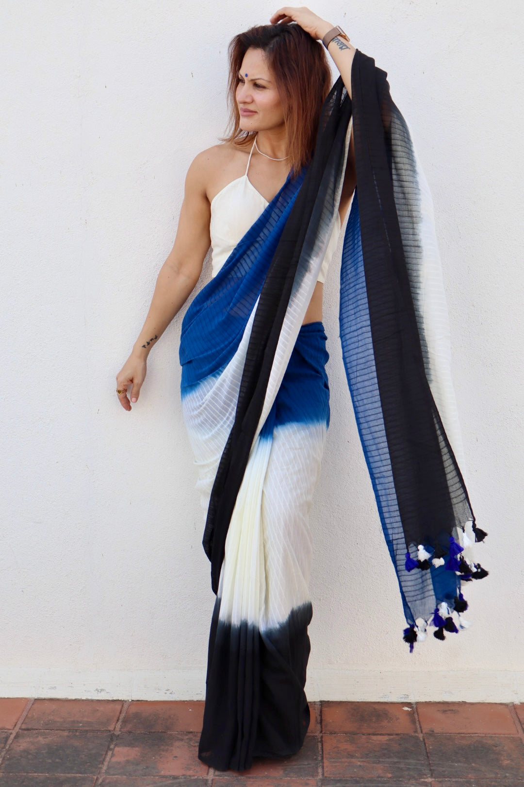 Black, Cream, and Blue Hand Dyed Tie & Dye Pure Mul Mul Cotton Saree with Self Body Checks