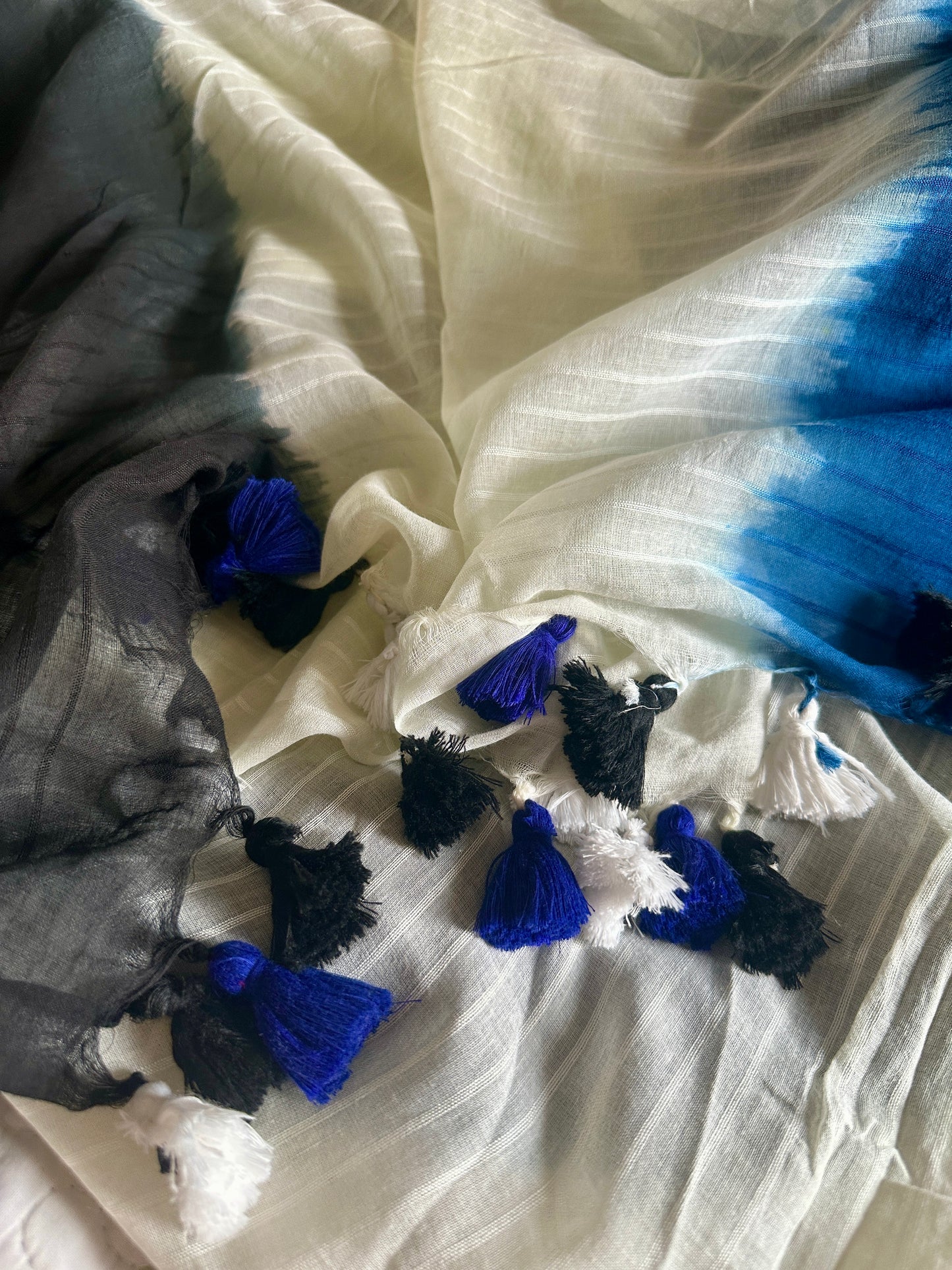 Black, Cream, and Blue Hand Dyed Tie & Dye Pure Mul Mul Cotton Saree with Self Body Checks
