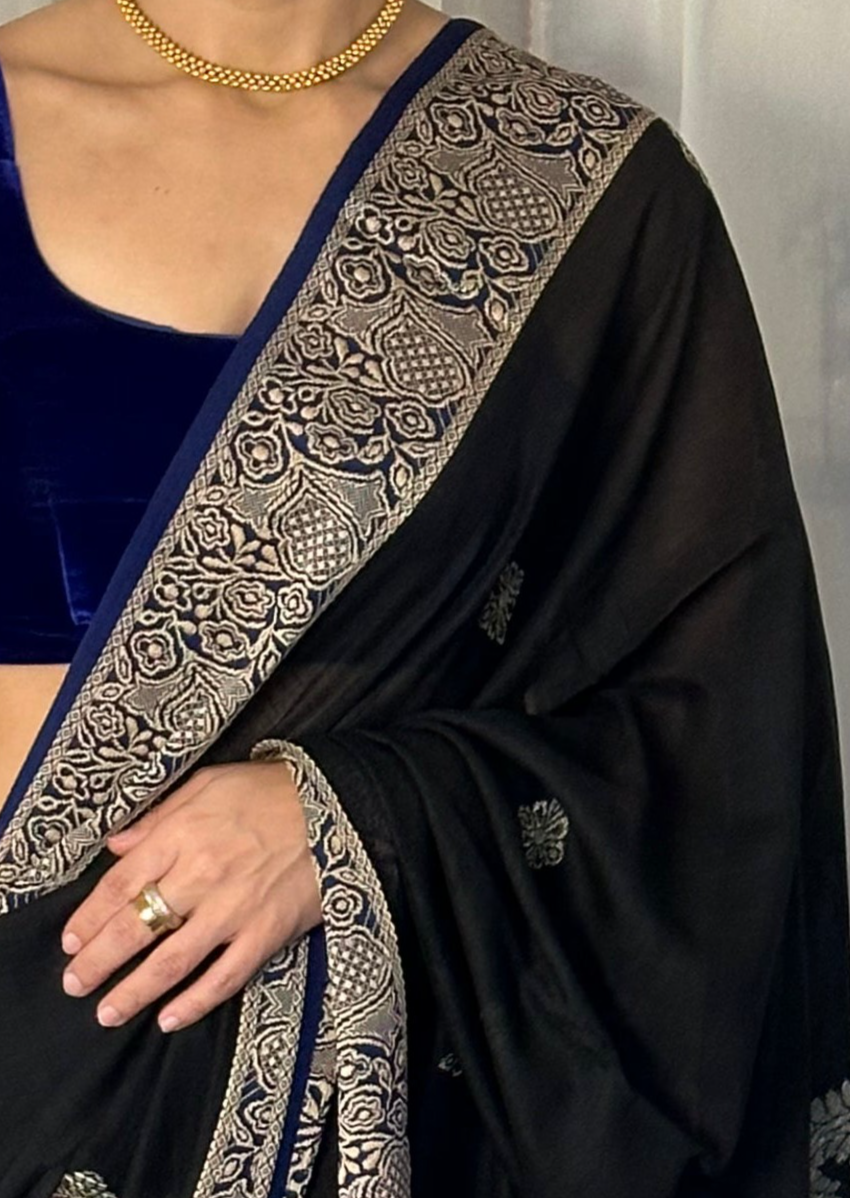 Black Handloom Pure Cotton Jacquard Woven Jamdani Sari with Contrast Blue Border