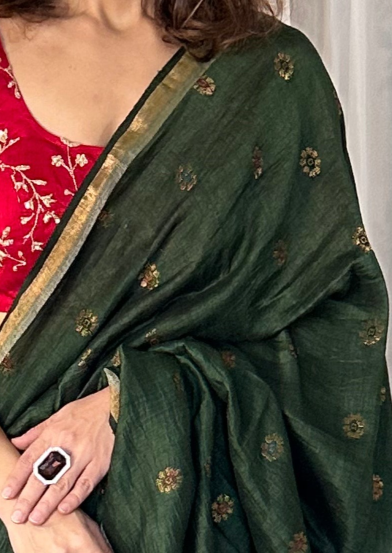 Green Pure Linen Cotton Jamdani Sari with Zari Work