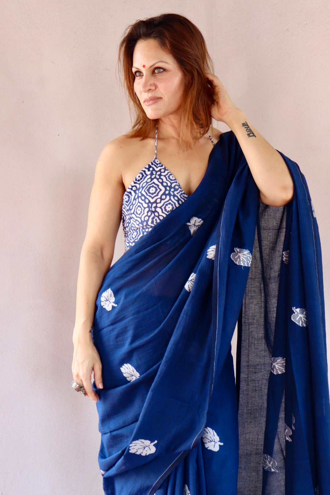 Ink Blue Pure Handloom Cotton Jamdani Saree with Handloom Mark Card