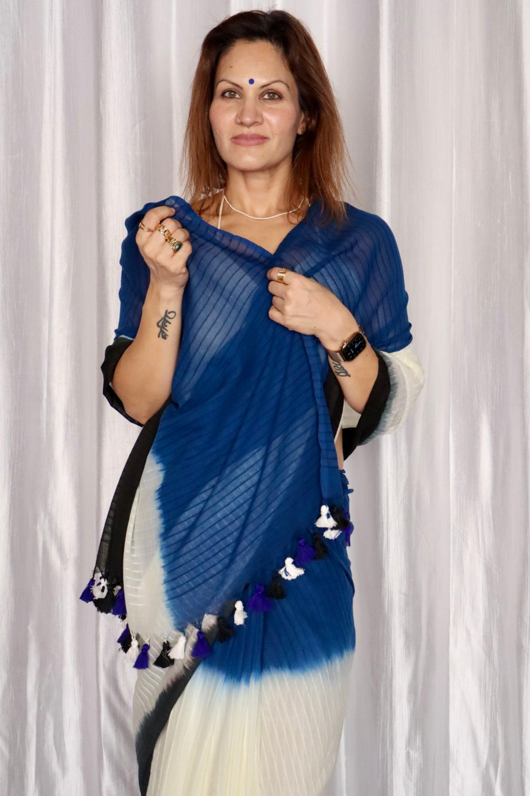 Black, Cream, and Blue Hand Dyed Tie & Dye Pure Mul Mul Cotton Saree with Self Body Checks