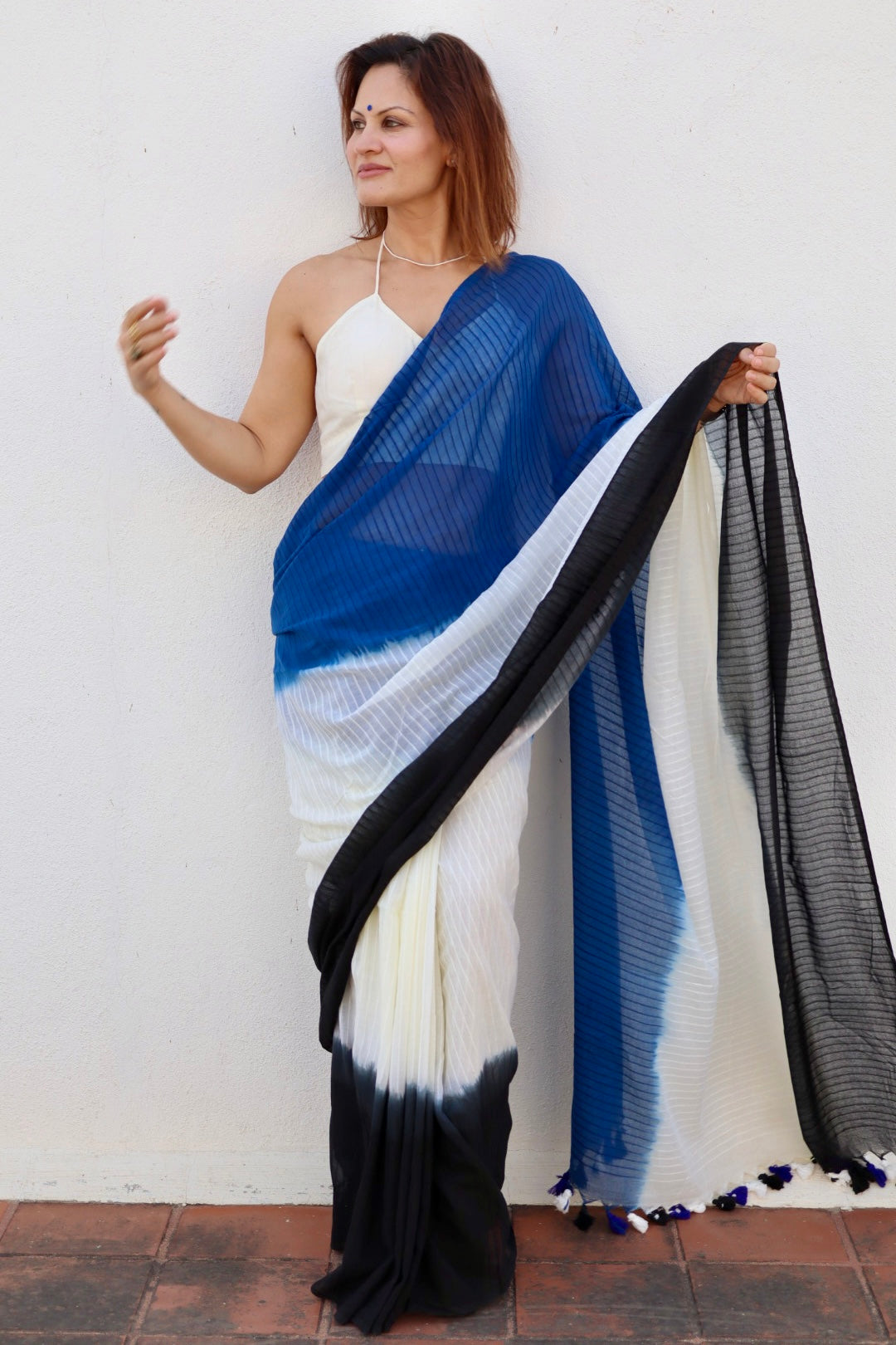 Black, Cream, and Blue Hand Dyed Tie & Dye Pure Mul Mul Cotton Saree with Self Body Checks