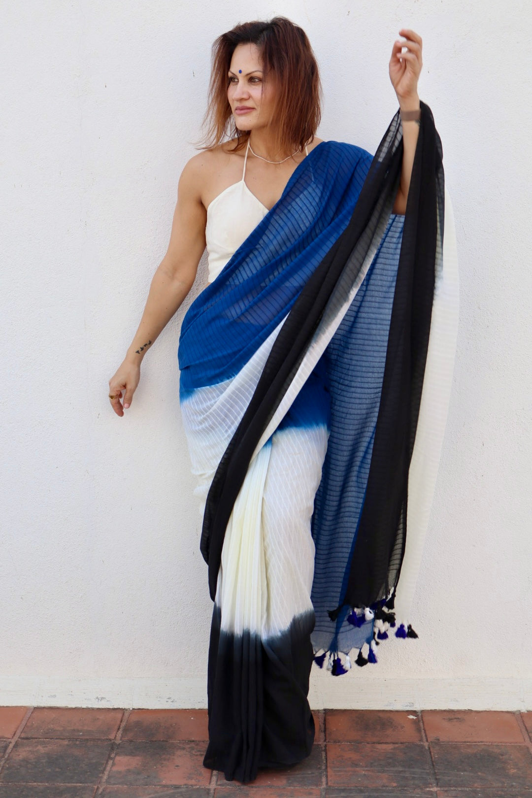 Black, Cream, and Blue Hand Dyed Tie & Dye Pure Mul Mul Cotton Saree with Self Body Checks