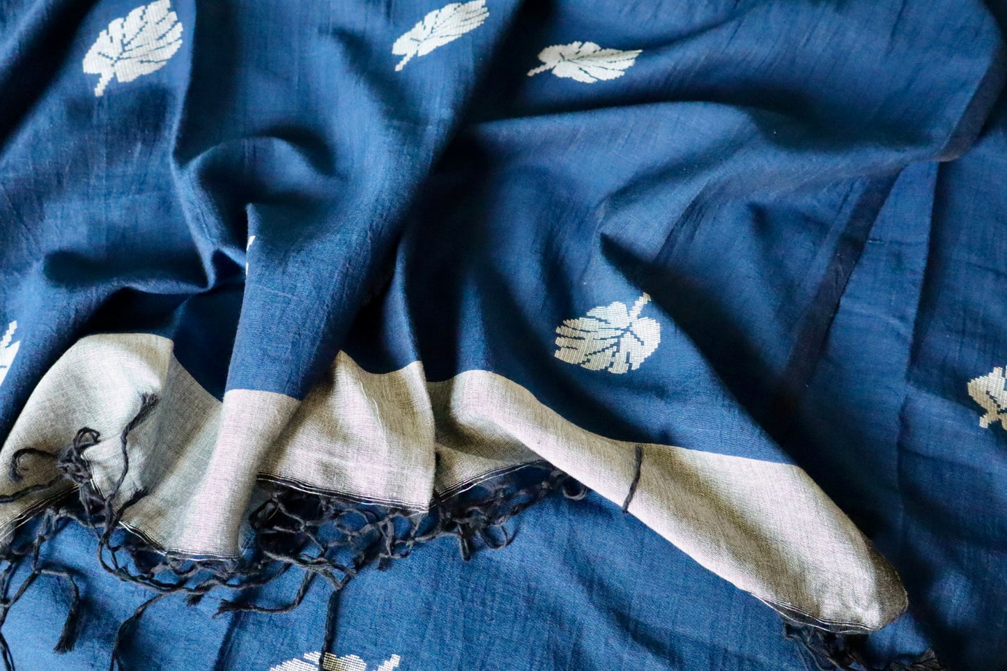 Ink Blue Pure Handloom Cotton Jamdani Saree with Handloom Mark Card