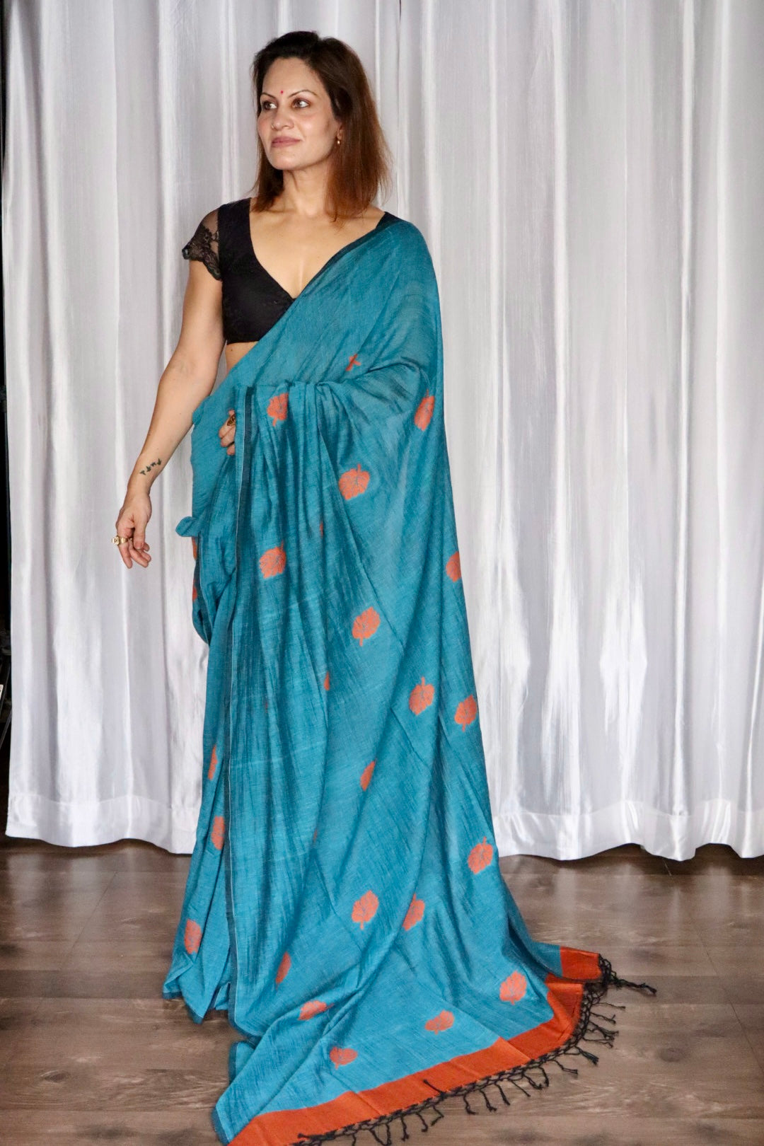 Sea Blue Pure Handloom Cotton Jamdani Saree with Handloom Mark Card