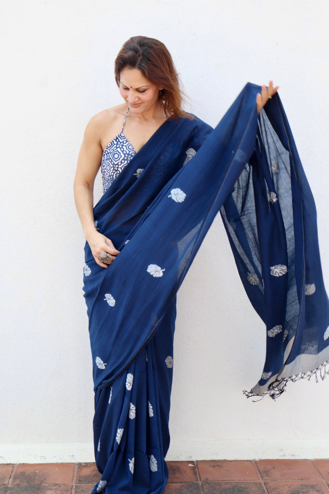 Ink Blue Pure Handloom Cotton Jamdani Saree with Handloom Mark Card