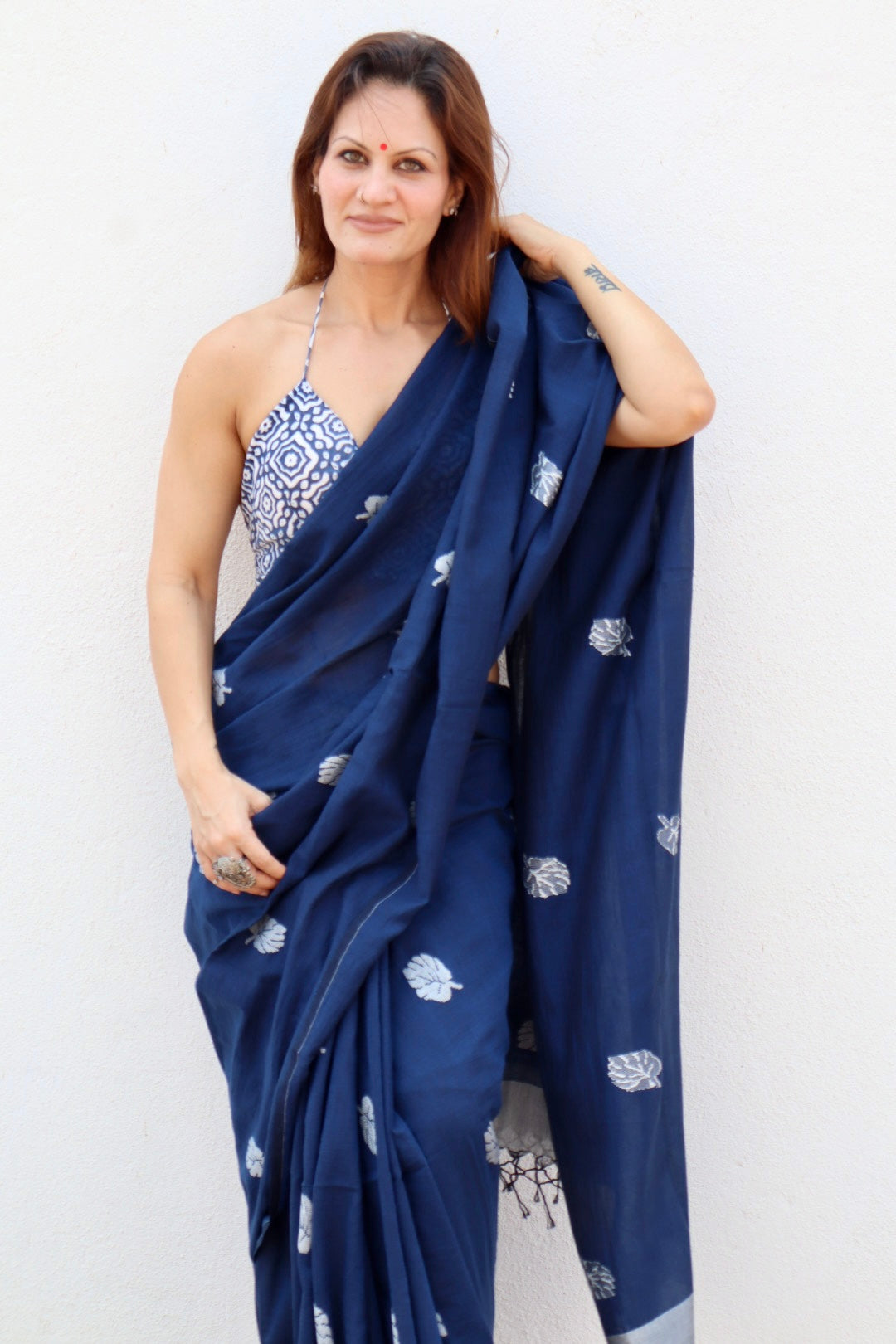 Ink Blue Pure Handloom Cotton Jamdani Saree with Handloom Mark Card
