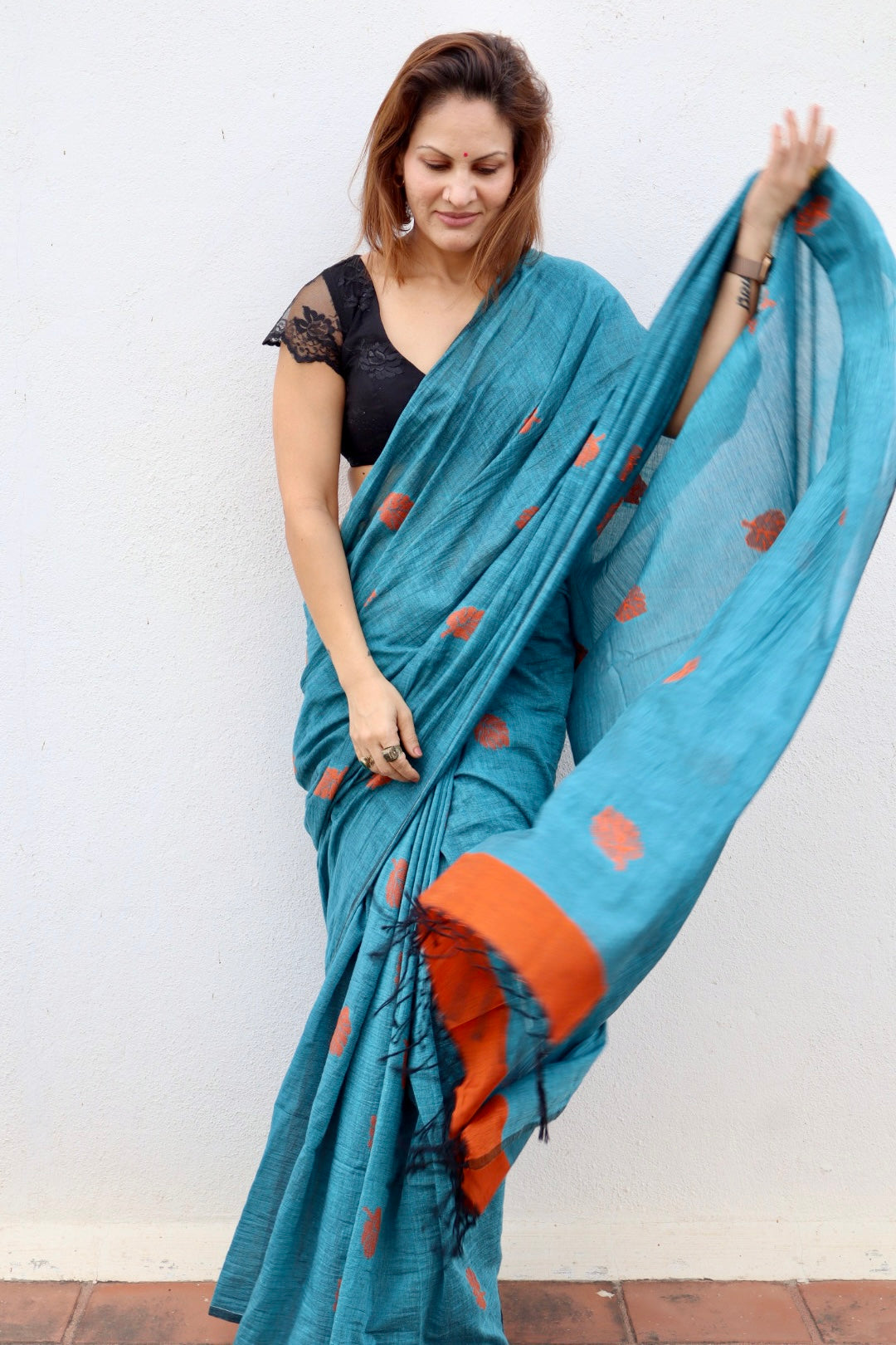 Sea Blue Pure Handloom Cotton Jamdani Saree with Handloom Mark Card