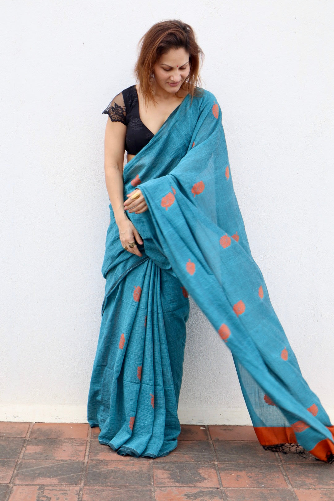 Sea Blue Pure Handloom Cotton Jamdani Saree with Handloom Mark Card