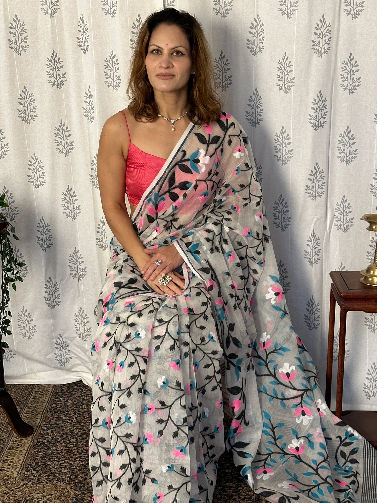 White Cotton Silk Jamdani Saree with Pink & Blue Floral Design & Zari Work