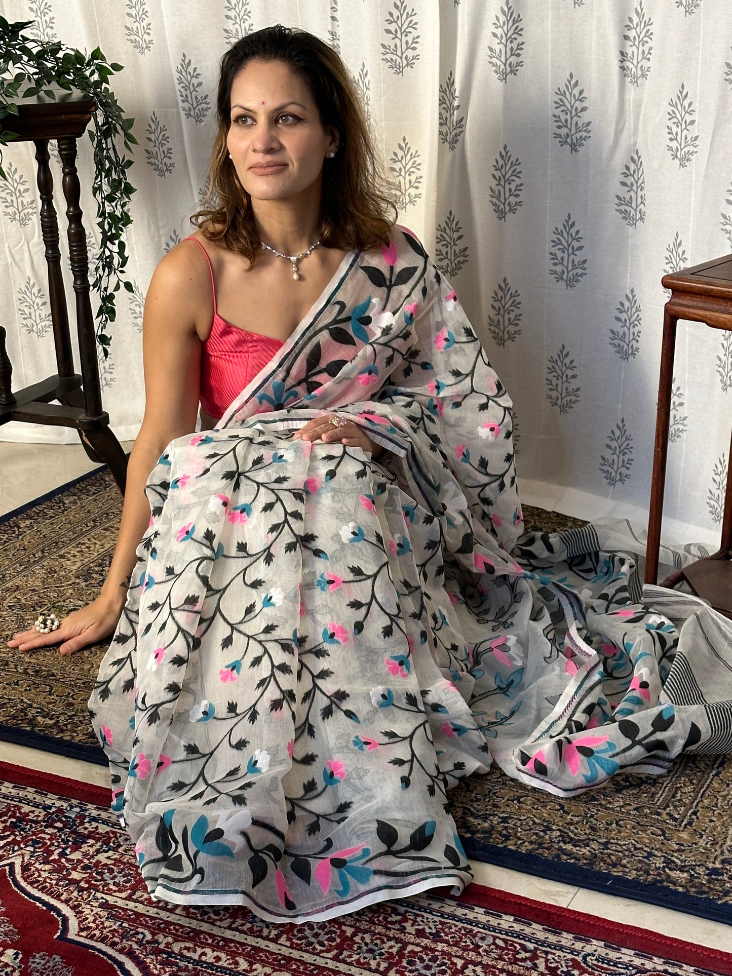 White Cotton Silk Jamdani Saree with Pink & Blue Floral Design & Zari Work