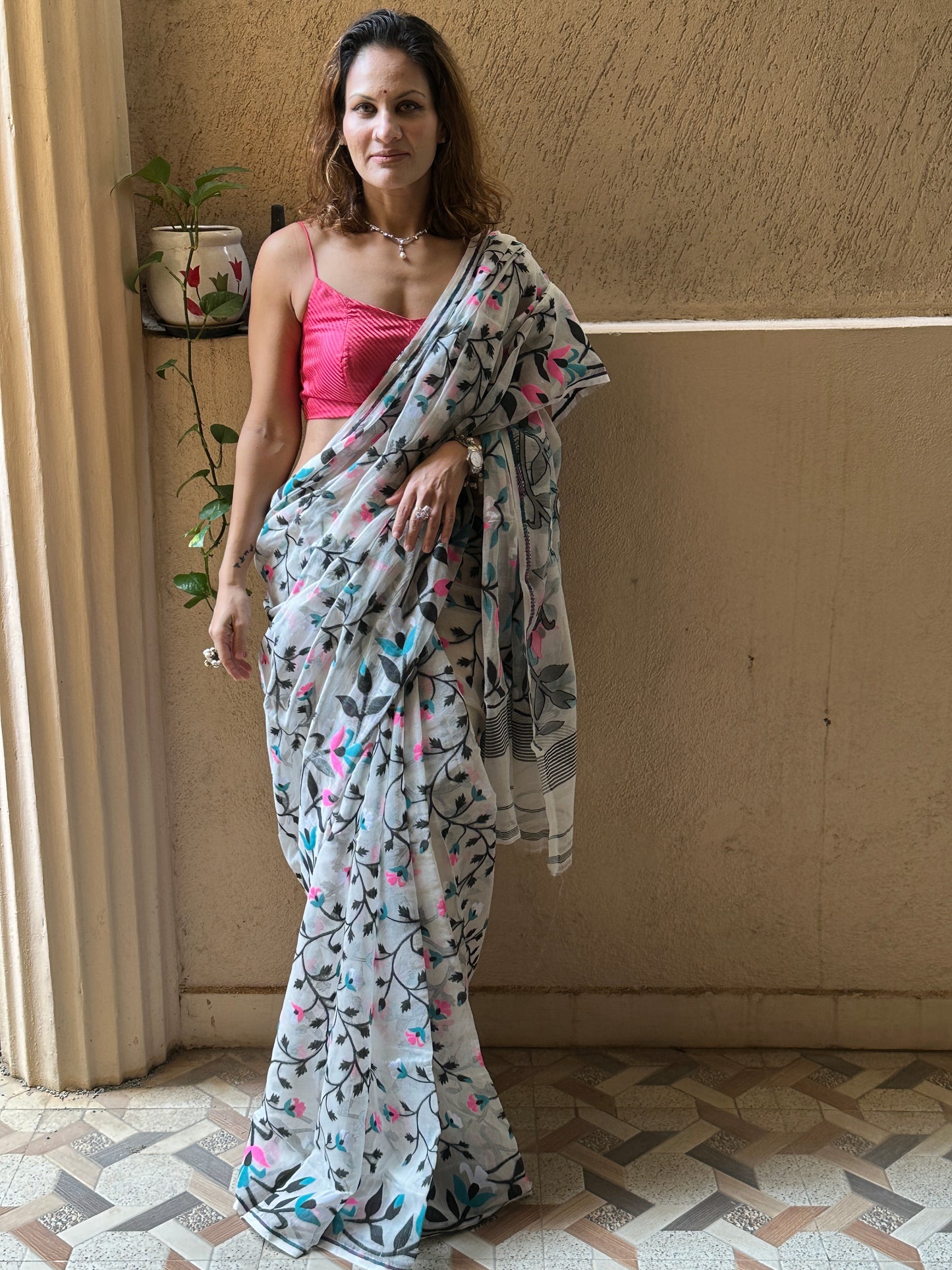 White Cotton Silk Jamdani Saree with Pink & Blue Floral Design & Zari Work