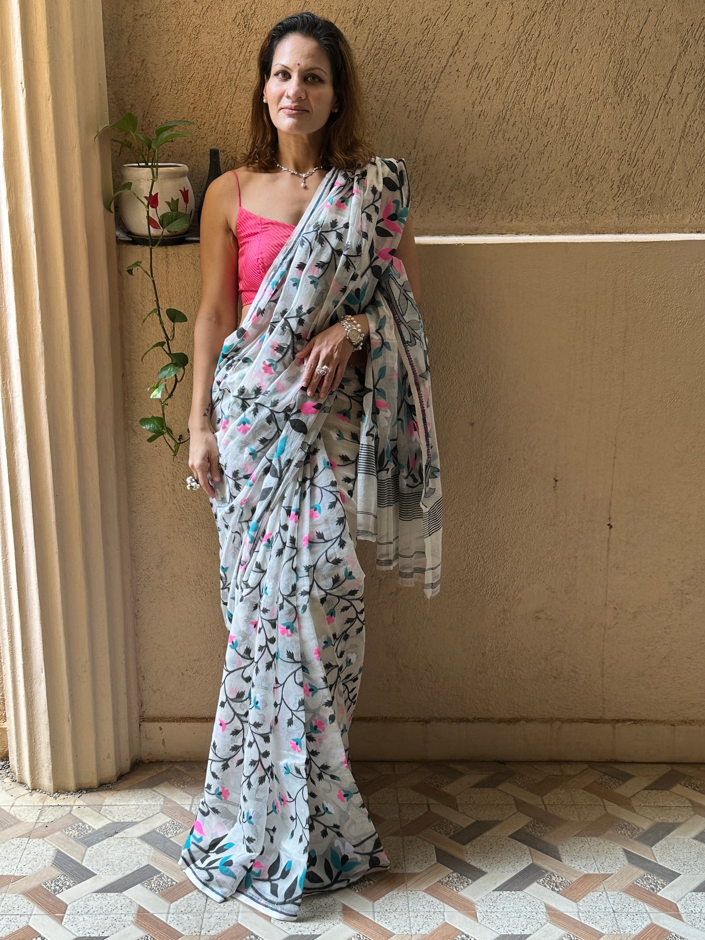 White Cotton Silk Jamdani Saree with Pink & Blue Floral Design & Zari Work