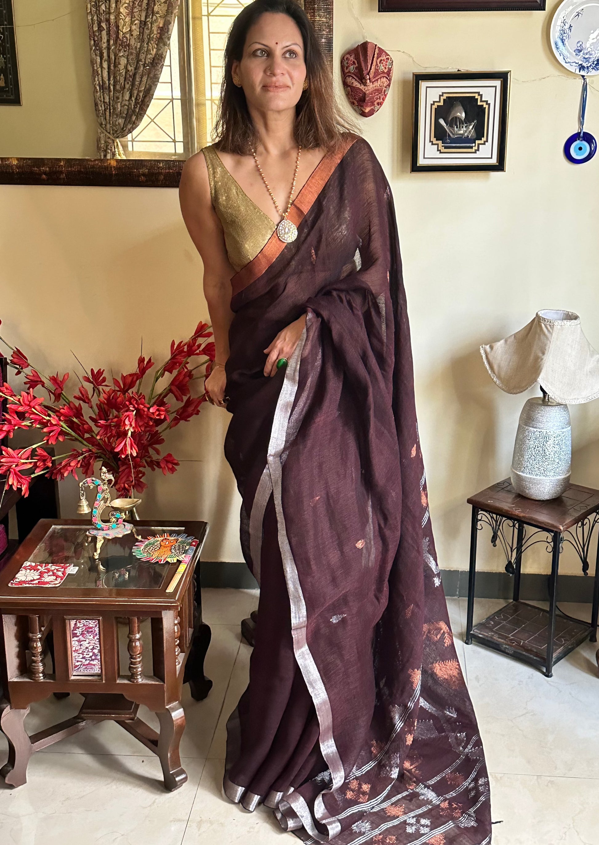 Pure Linen Jamdani with Copper & Silver Zari Work with Dual Border - Raahini