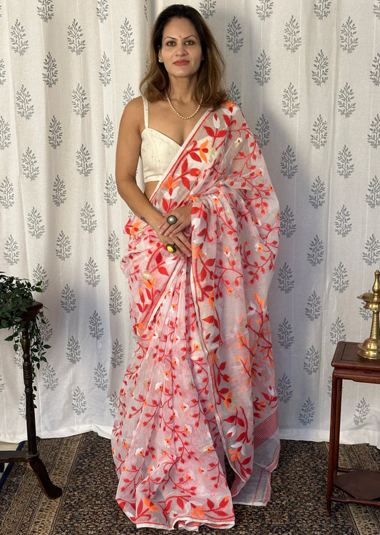 White Cotton Silk Jamdani Saree with Orange & Red Floral Design & Zari Work