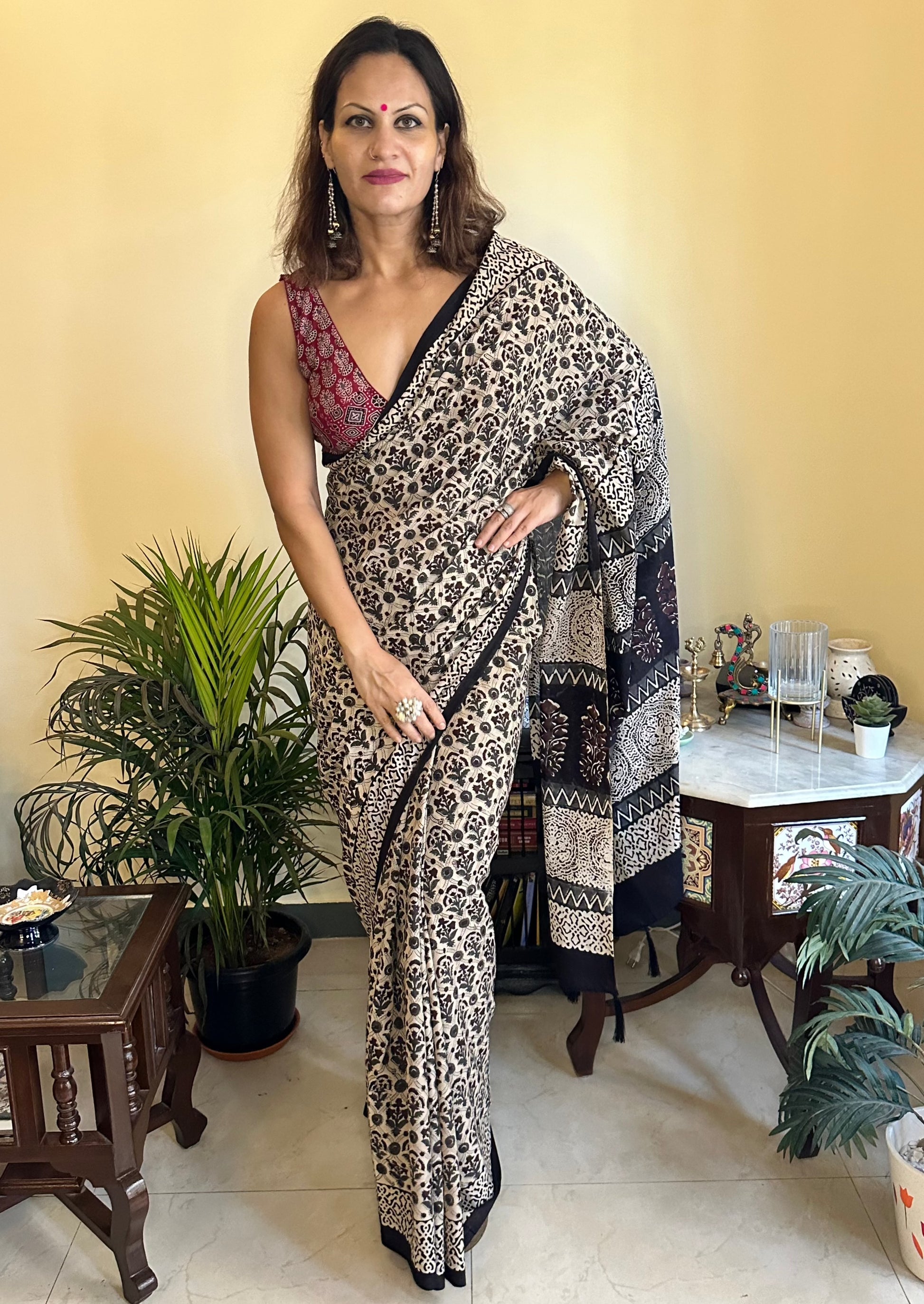 Mul Mul Cotton Hand Block Bagru Print Sari - Raahini