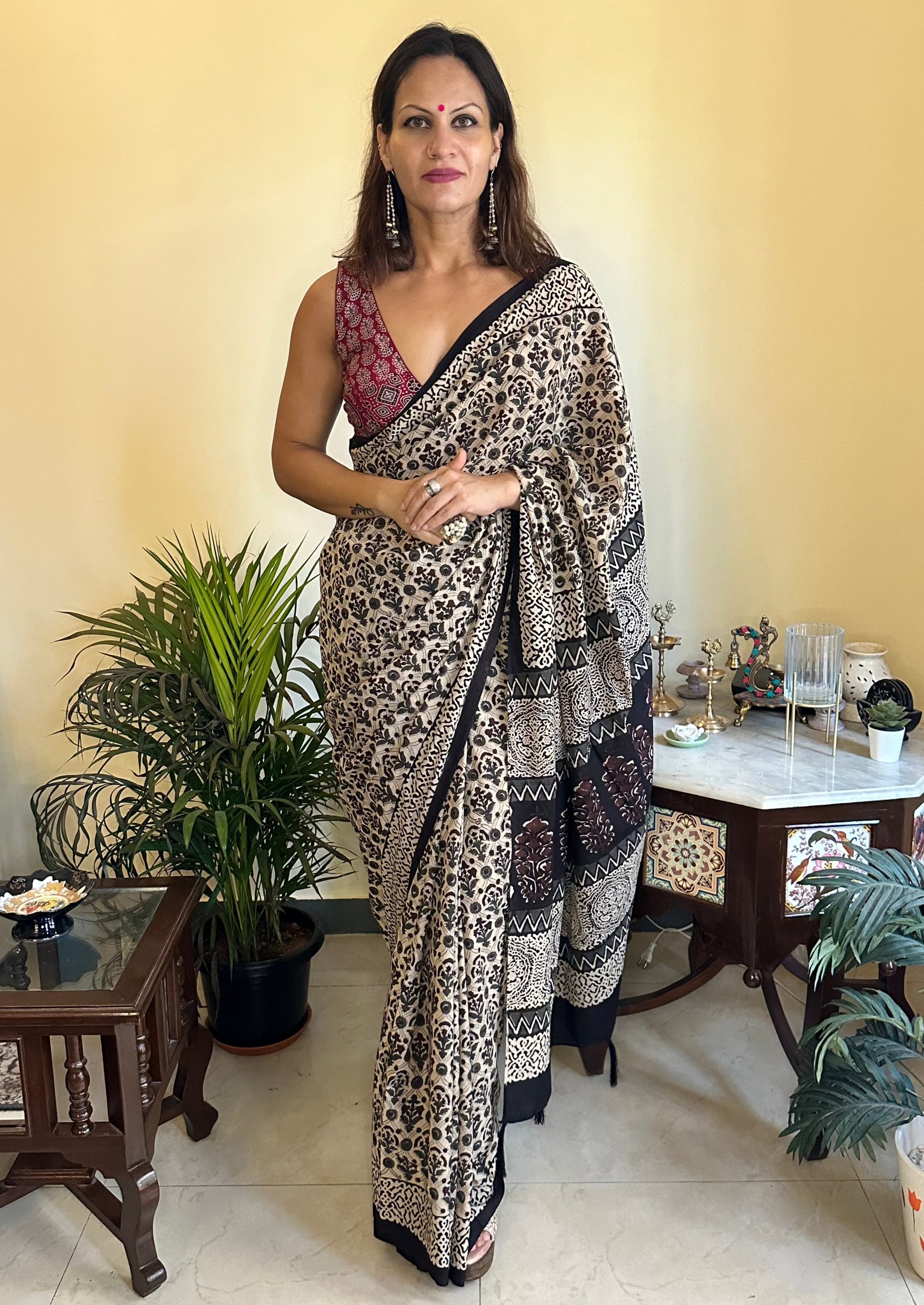 Mul Mul Cotton Hand Block Bagru Print Sari - Raahini