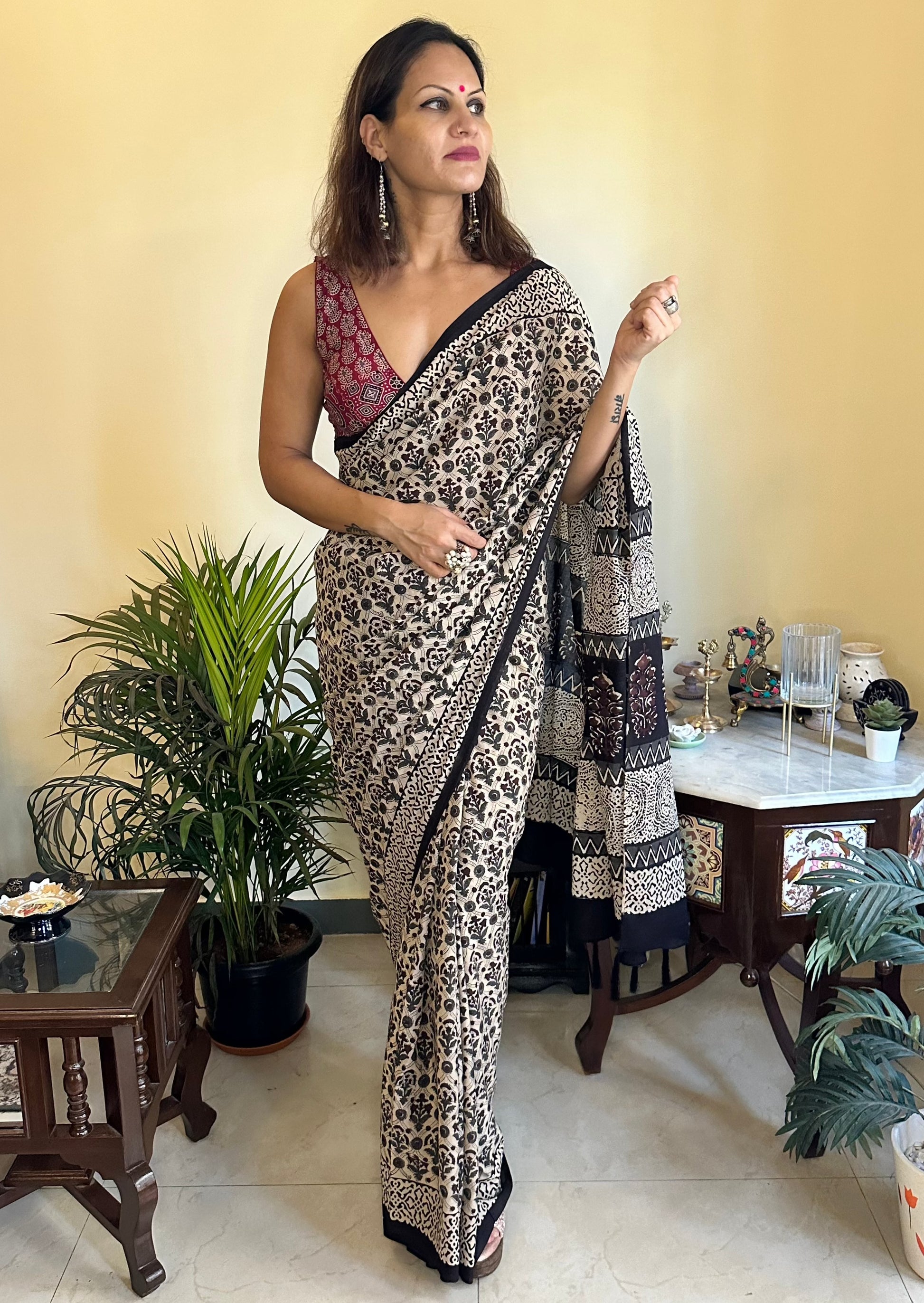 Mul Mul Cotton Hand Block Bagru Print Sari - Raahini