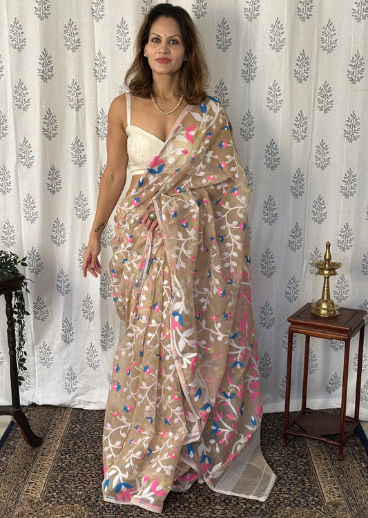 Nude Cotton Silk Jamdani Saree with Pink & Blue Floral Design Jamdani Zari Work