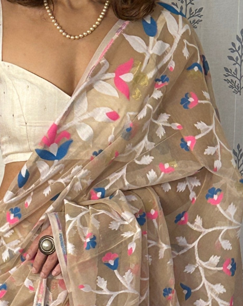 Nude Cotton Silk Jamdani Saree with Pink & Blue Floral Design Jamdani Zari Work