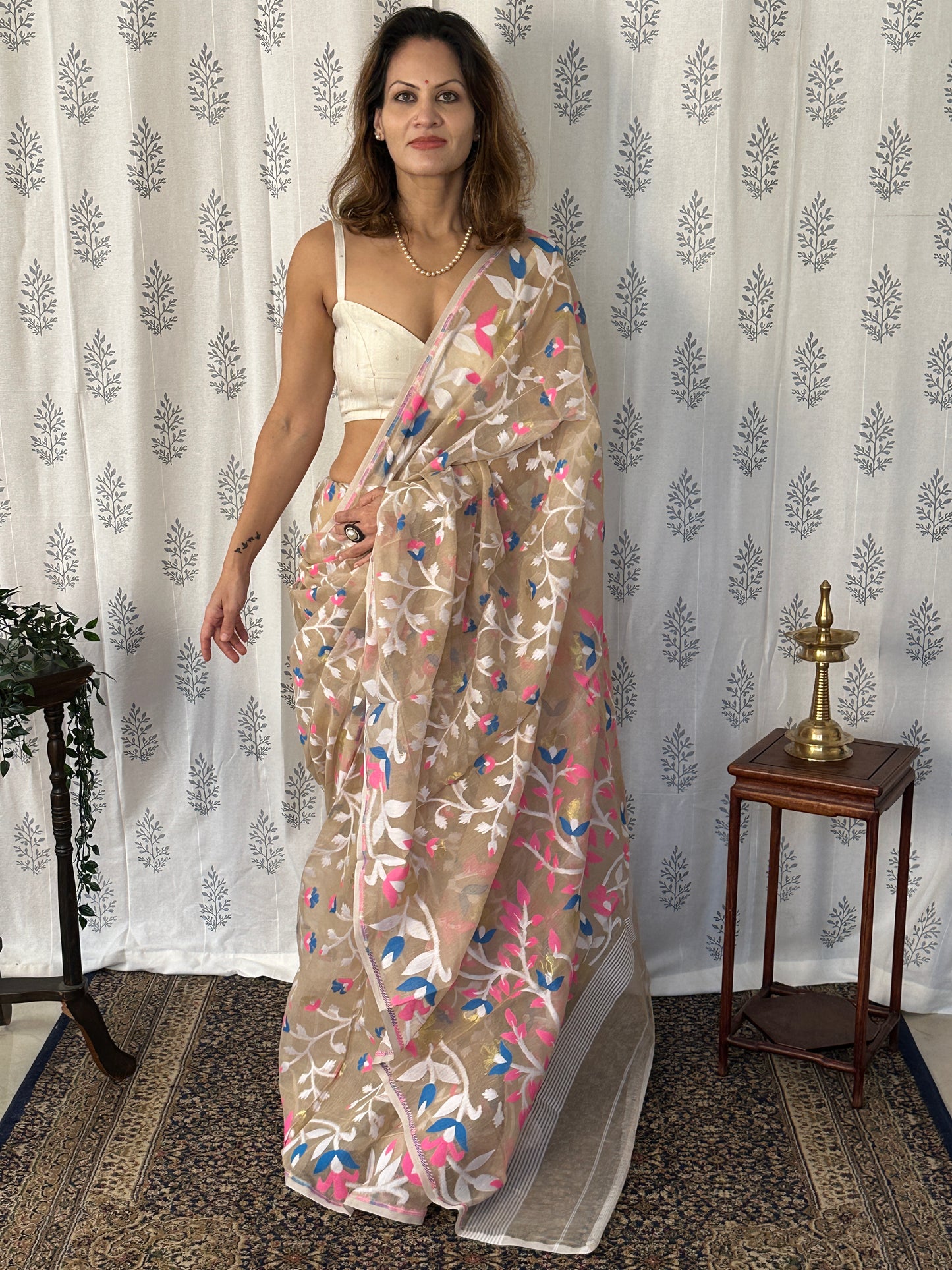 Nude Cotton Silk Jamdani Saree with Pink & Blue Floral Design Jamdani Zari Work