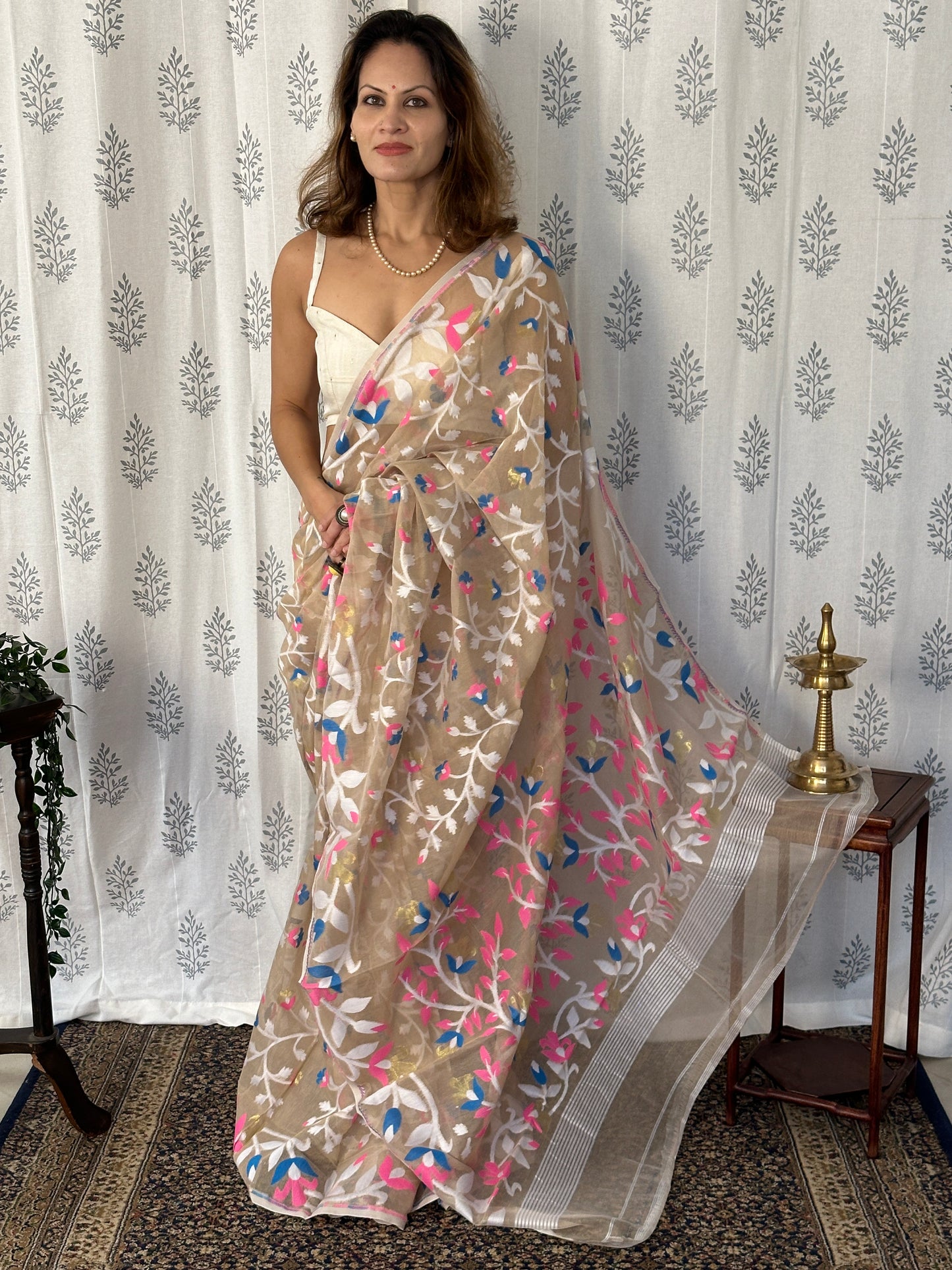 Nude Cotton Silk Jamdani Saree with Pink & Blue Floral Design Jamdani Zari Work