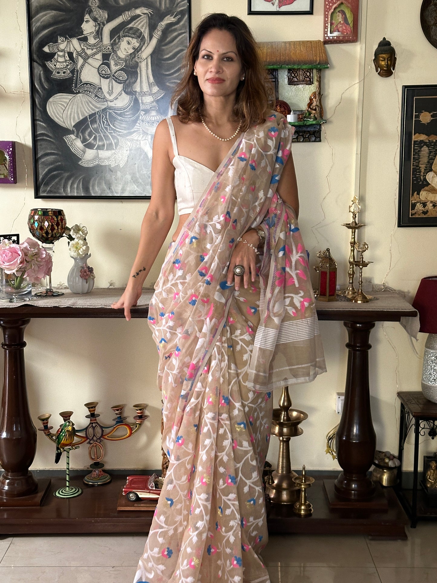 Nude Cotton Silk Jamdani Saree with Pink & Blue Floral Design Jamdani Zari Work