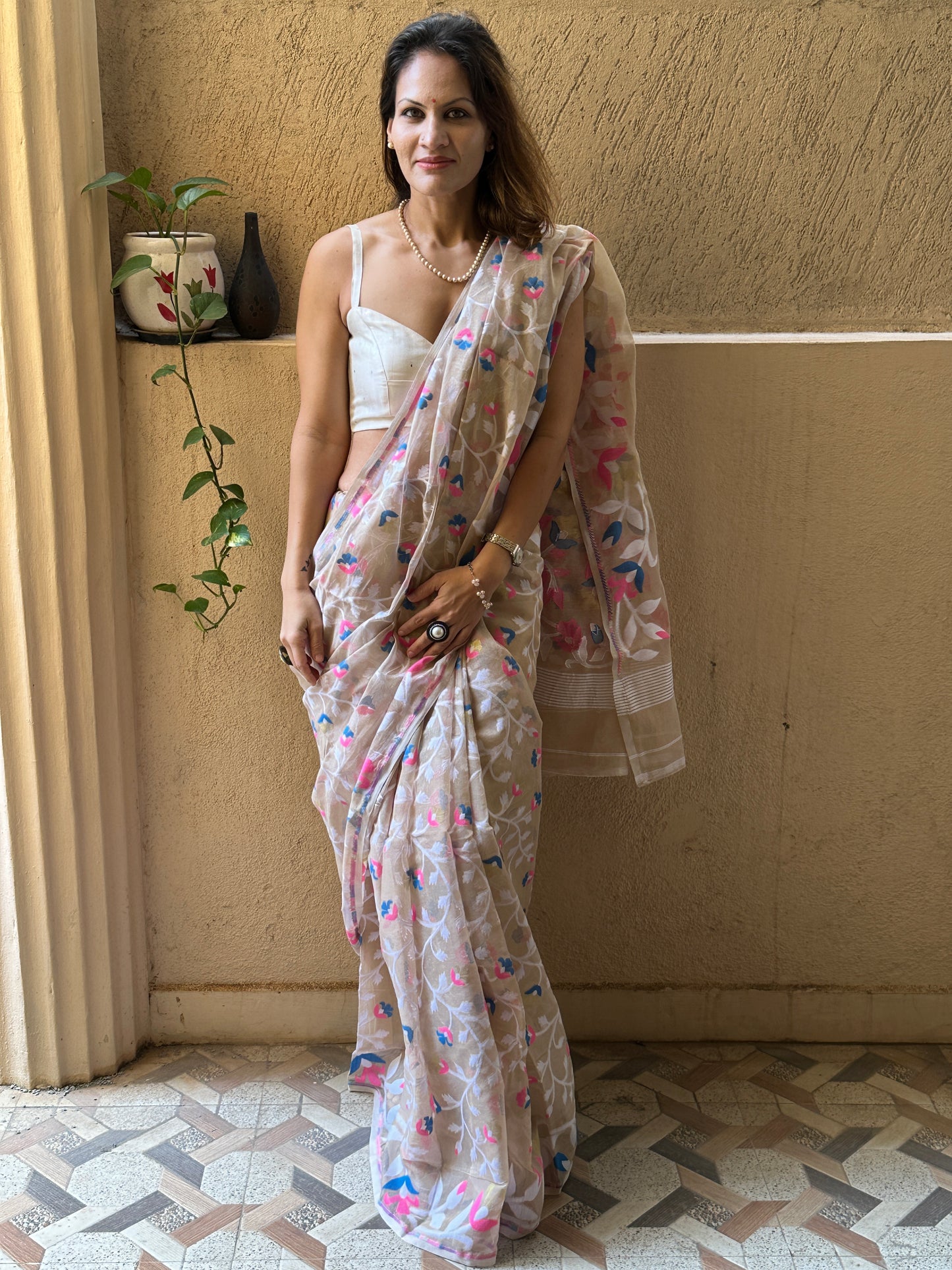 Nude Cotton Silk Jamdani Saree with Pink & Blue Floral Design Jamdani Zari Work