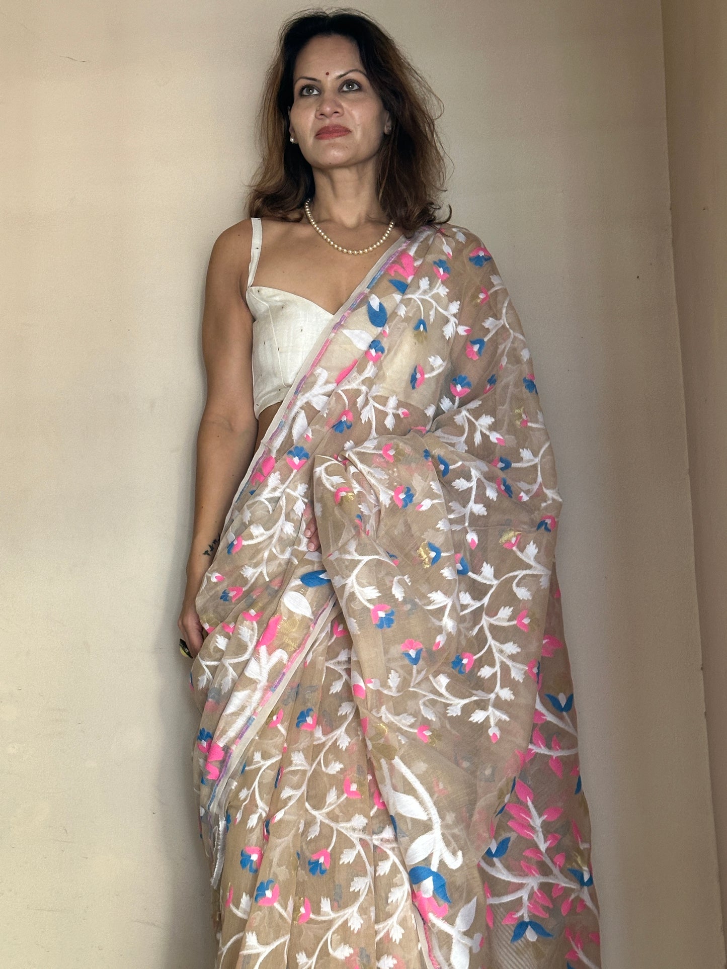 Nude Cotton Silk Jamdani Saree with Pink & Blue Floral Design Jamdani Zari Work