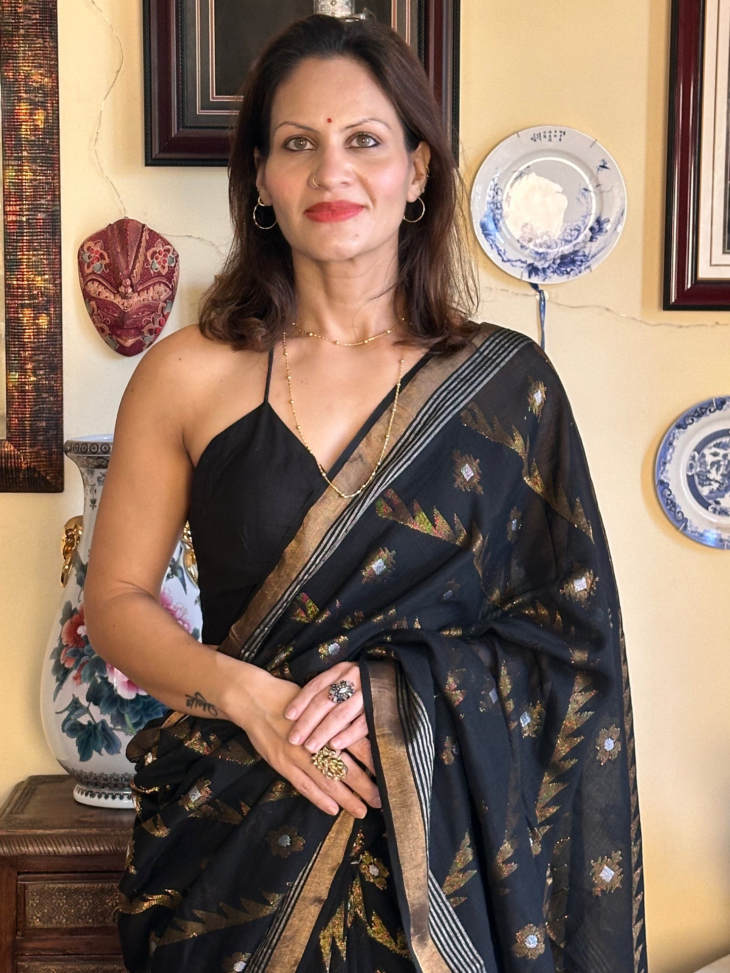 Black Pure Cotton Jamdani with Intricate Zari Work Sari - Raahini