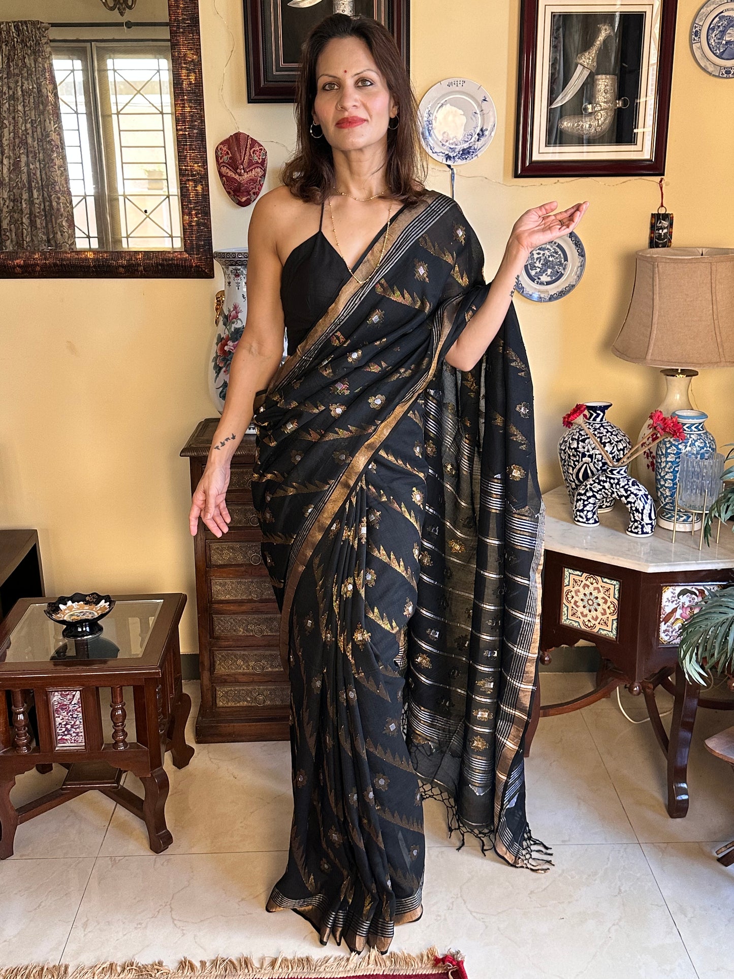 Black Pure Cotton Jamdani with Intricate Zari Work Sari - Raahini