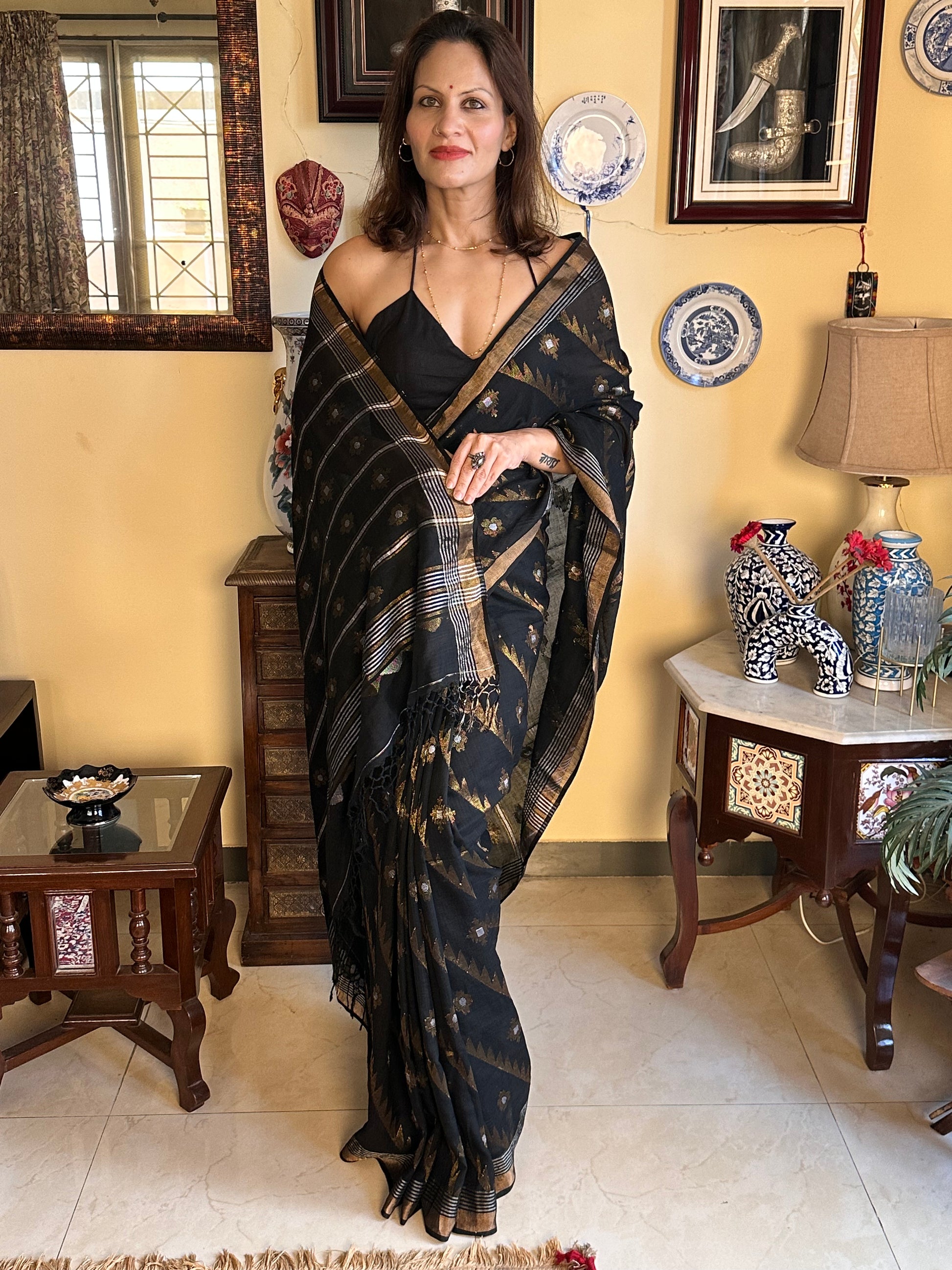 Black Pure Cotton Jamdani with Intricate Zari Work Sari - Raahini