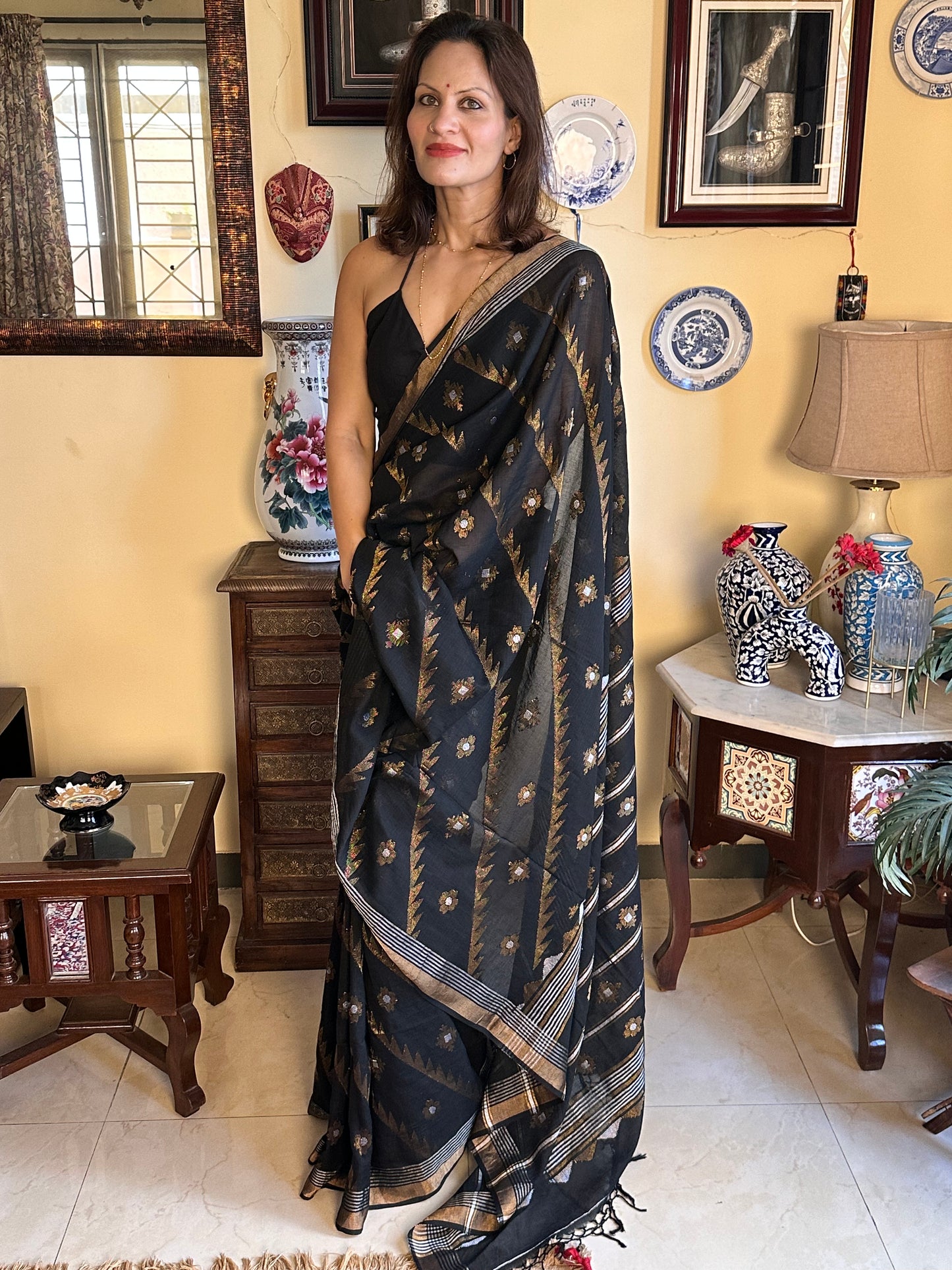 Black Pure Cotton Jamdani with Intricate Zari Work Sari - Raahini