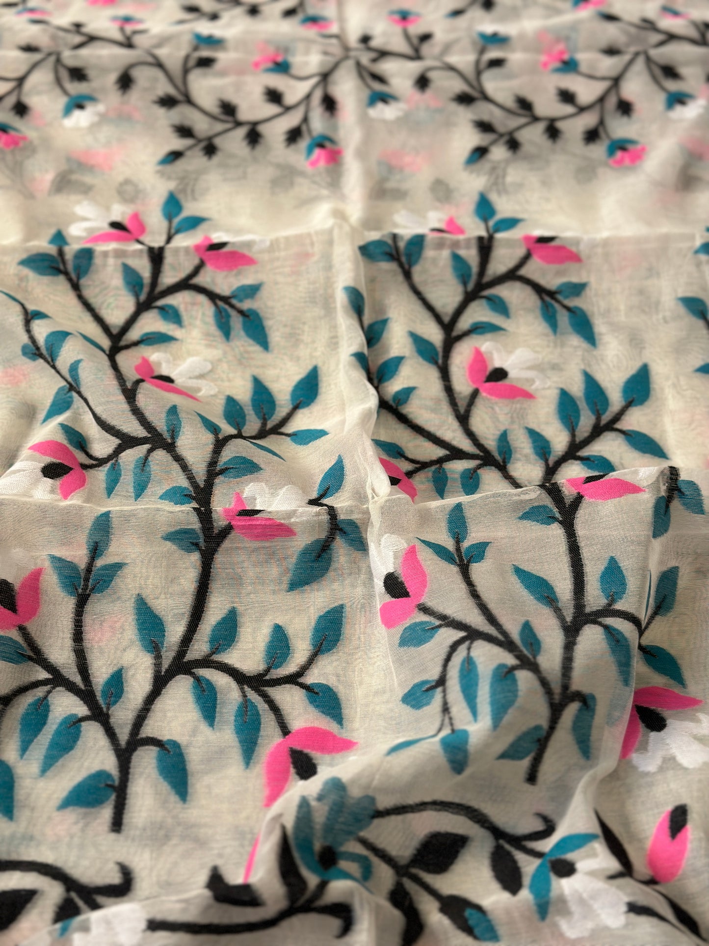 White Cotton Silk Jamdani Saree with Pink & Blue Floral Design & Zari Work