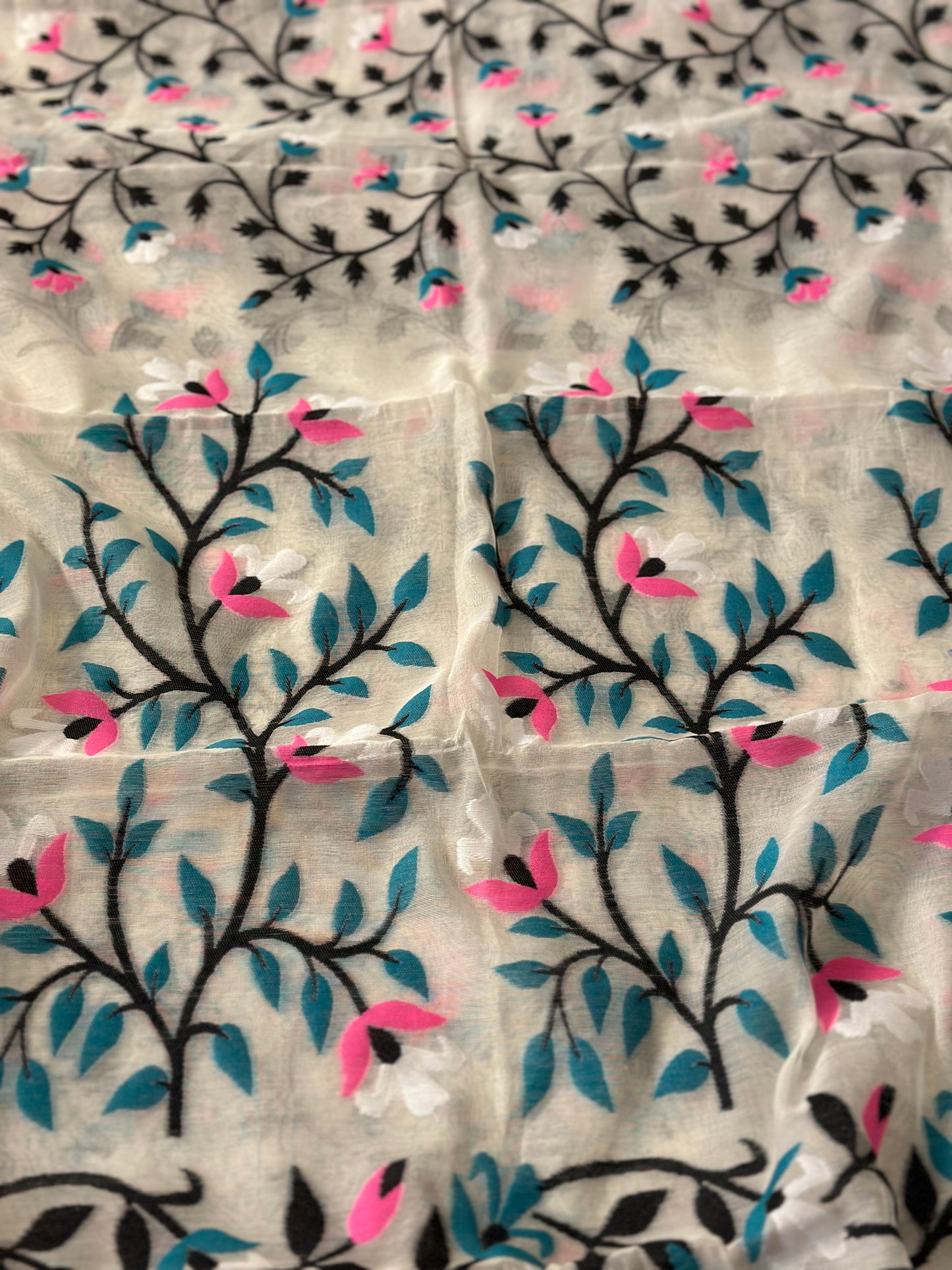 White Cotton Silk Jamdani Saree with Pink & Blue Floral Design & Zari Work