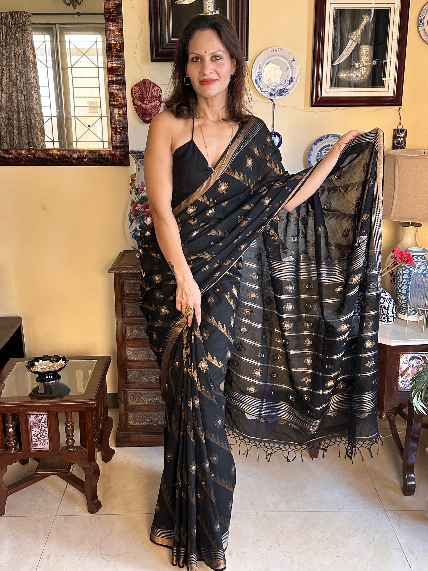 Black Pure Cotton Jamdani with Intricate Zari Work Sari - Raahini