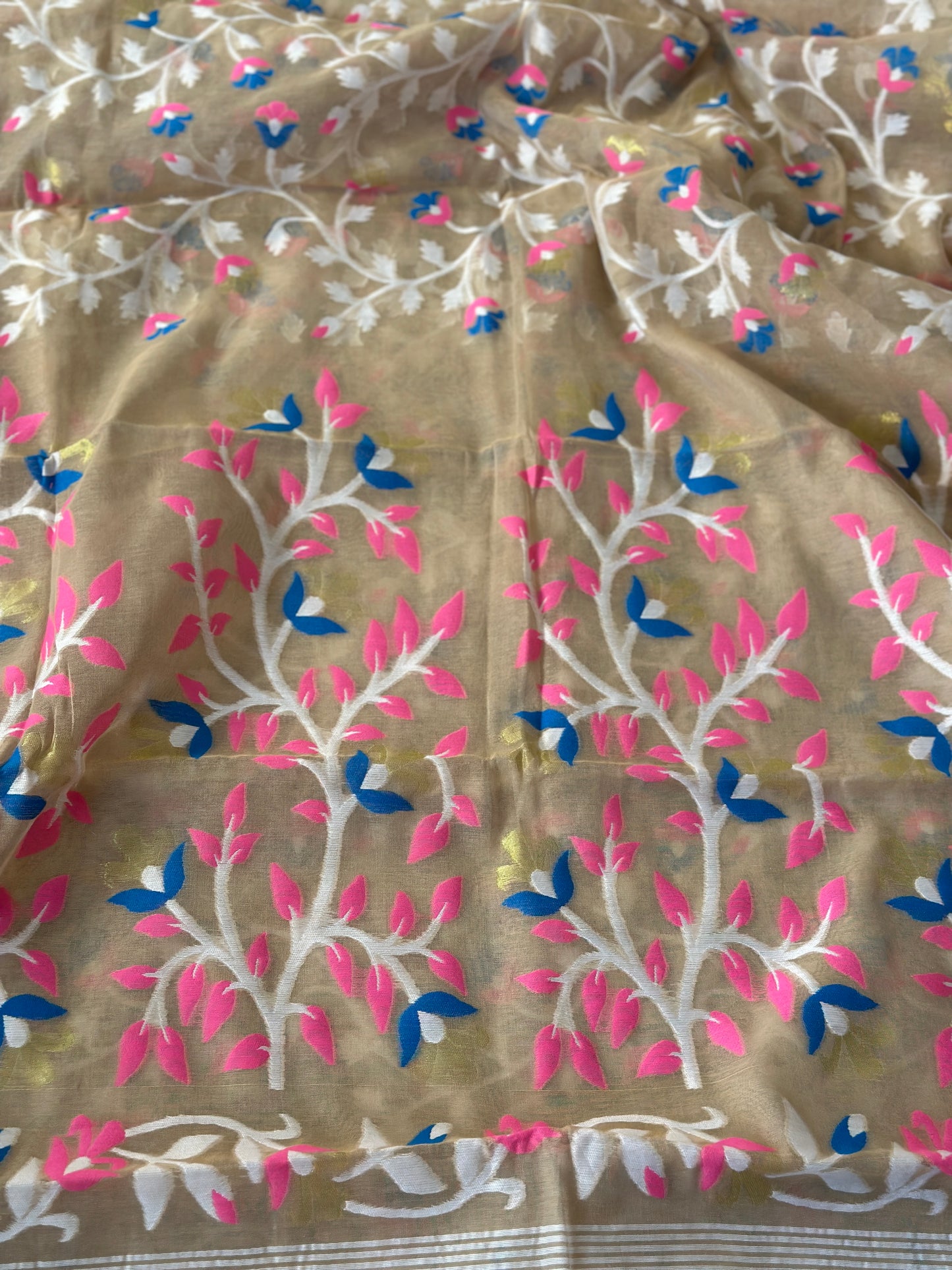 Nude Cotton Silk Jamdani Saree with Pink & Blue Floral Design Jamdani Zari Work