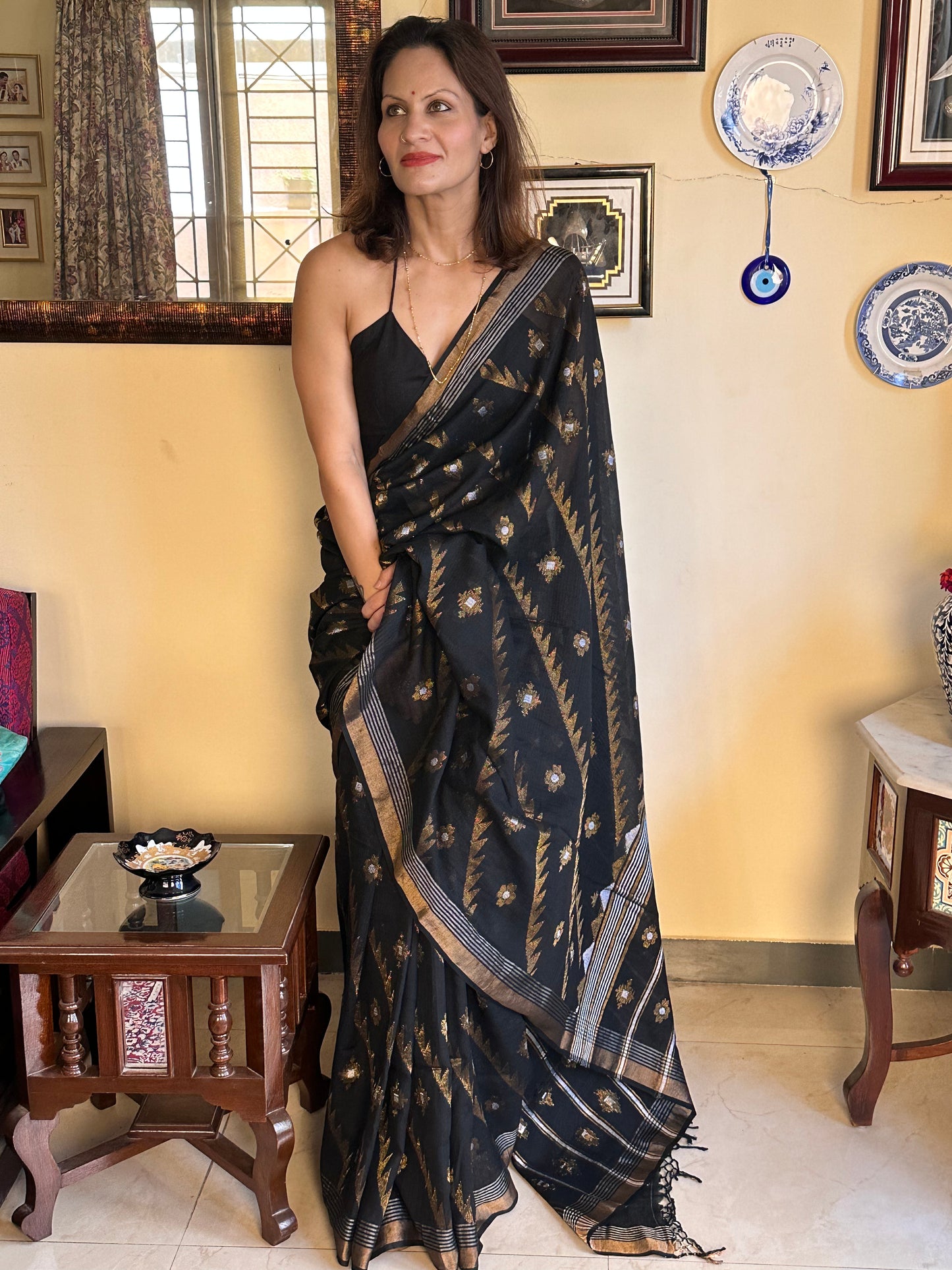 Black Pure Cotton Jamdani with Intricate Zari Work Sari - Raahini