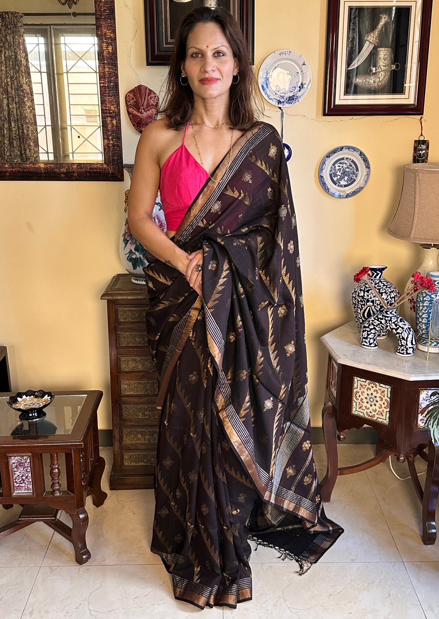 Brown Pure Cotton Jamdani with Intricate Zari Work Sari - Raahini