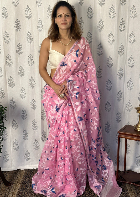 Pink Cotton Silk Jamdani Saree with Blue & White Floral Design & Zari Work