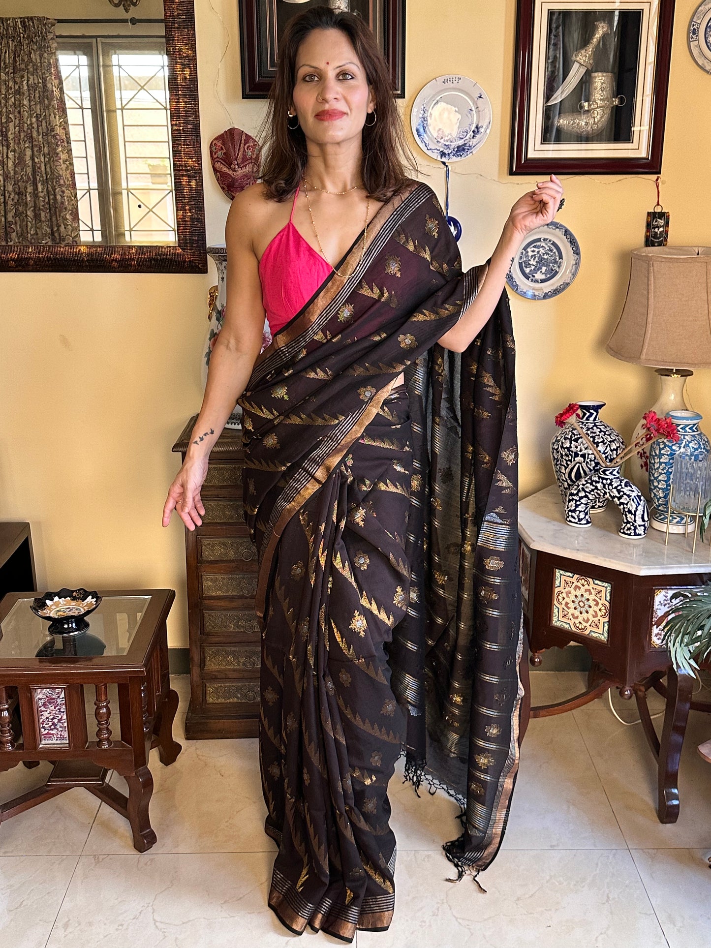 Brown Pure Cotton Jamdani with Intricate Zari Work Sari - Raahini