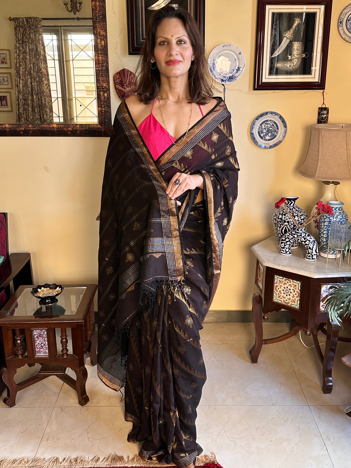 Brown Pure Cotton Jamdani with Intricate Zari Work Sari - Raahini