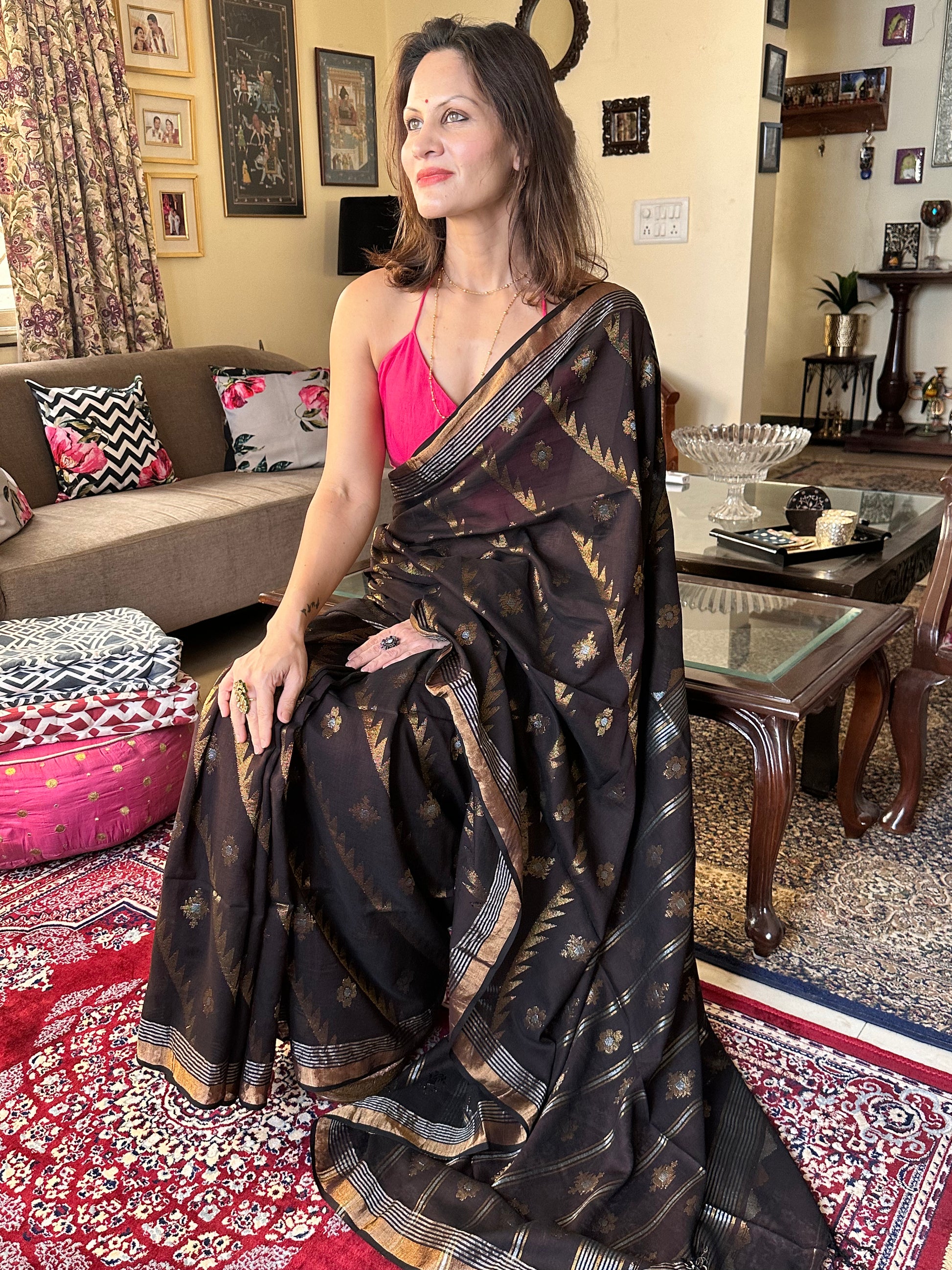 Brown Pure Cotton Jamdani with Intricate Zari Work Sari - Raahini